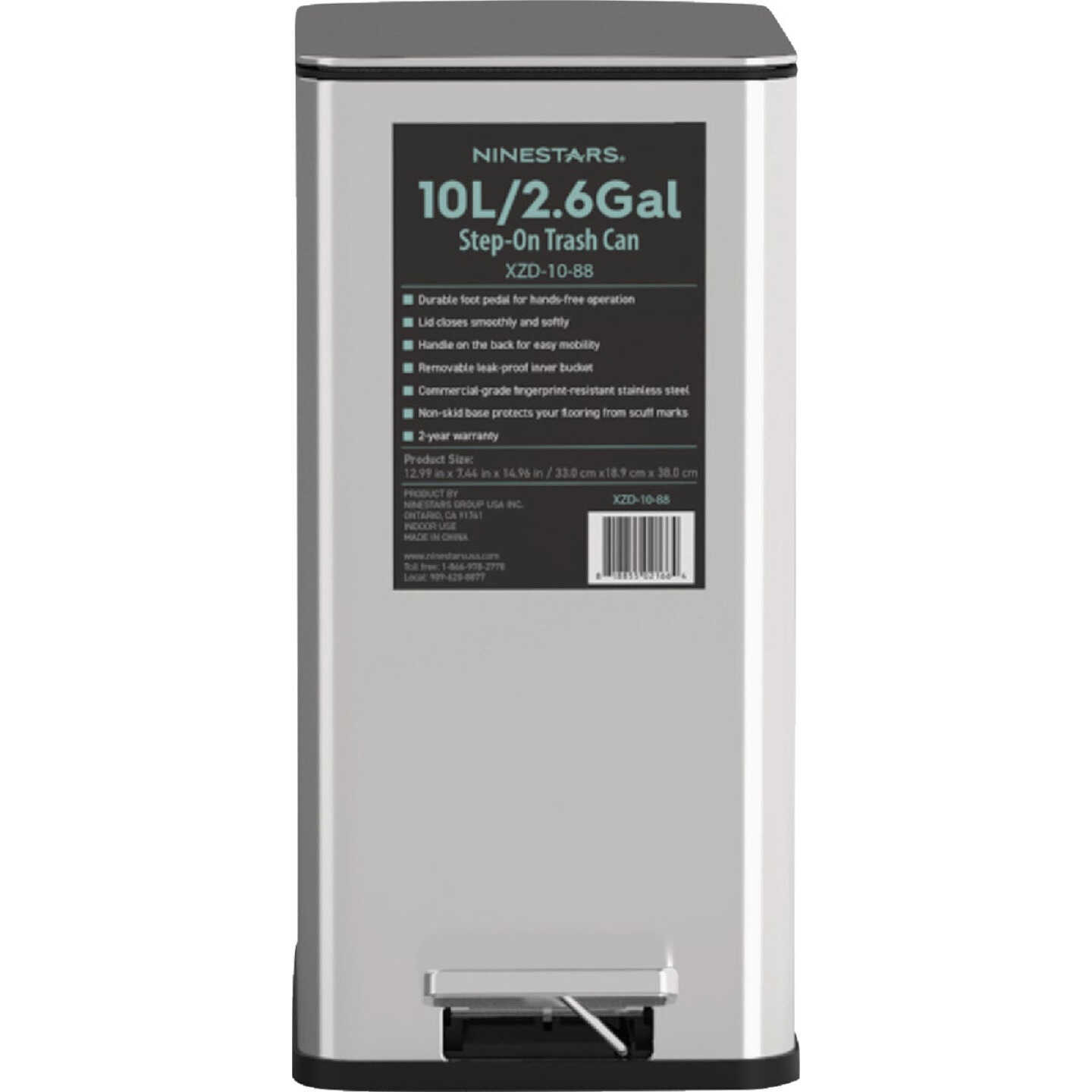 Ninestars 2.6 Gal. Slim Brushed Stainless Steel Pedal Trash Can Image 1