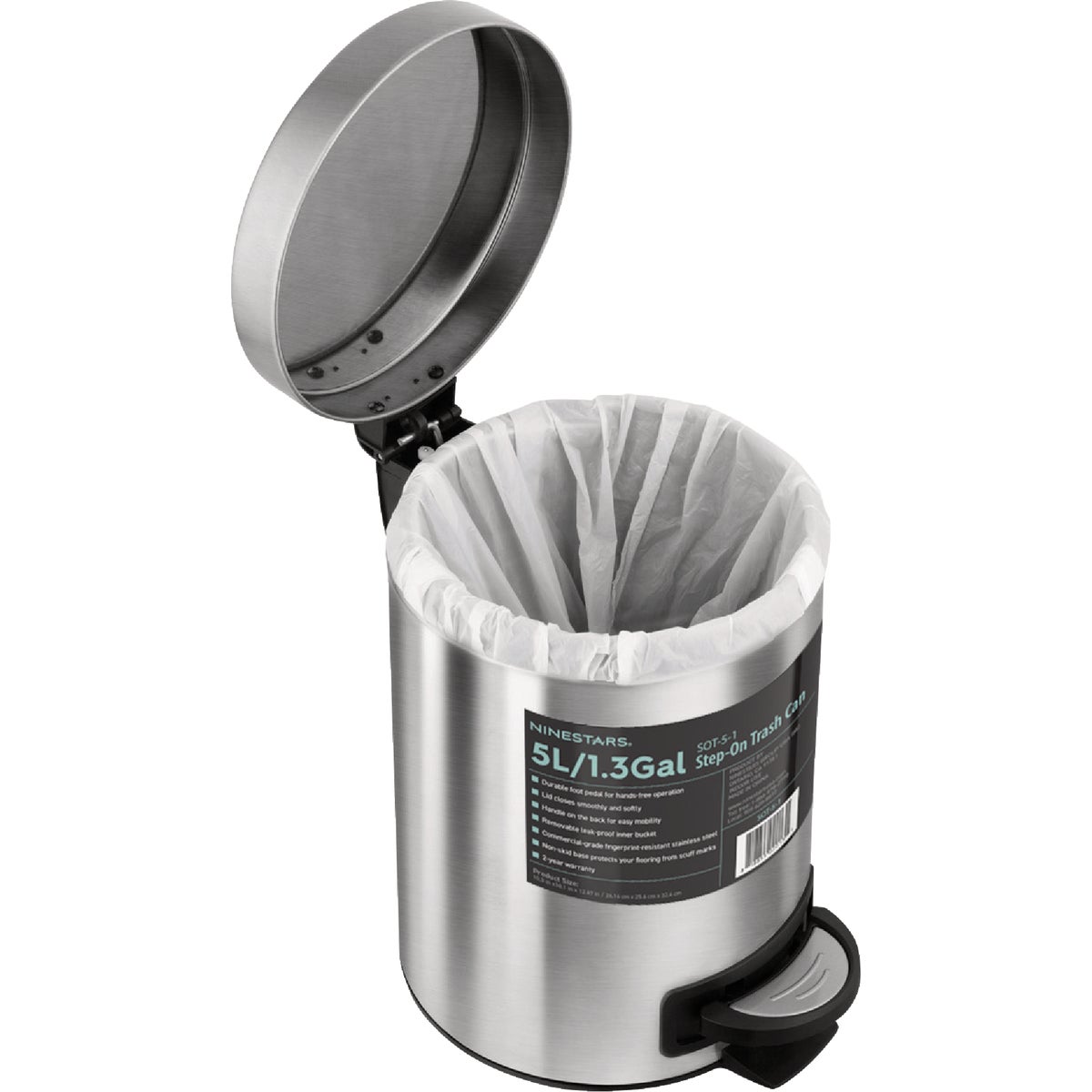 Ninestars 1.3 Gal. Foot Pedal Round Trash Can Image 5