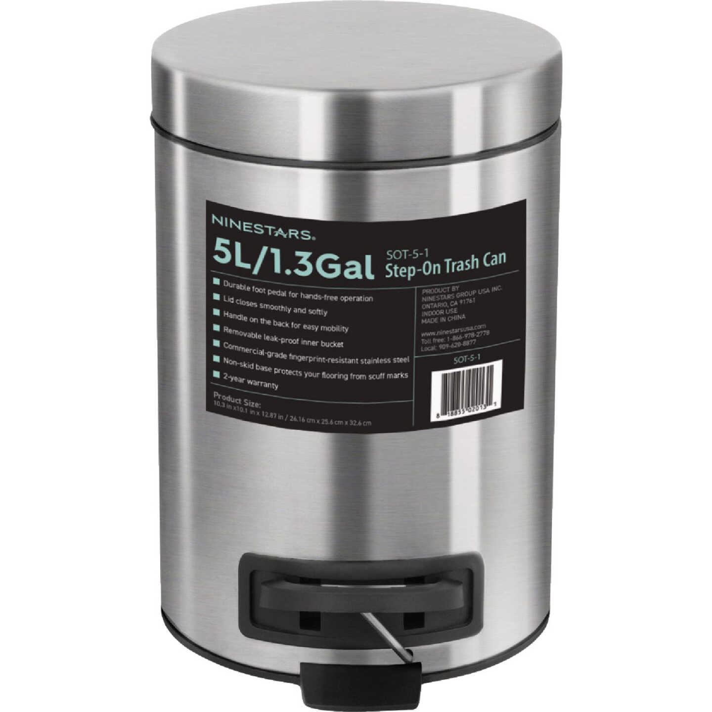 Ninestars 1.3 Gal. Foot Pedal Round Trash Can Image 1