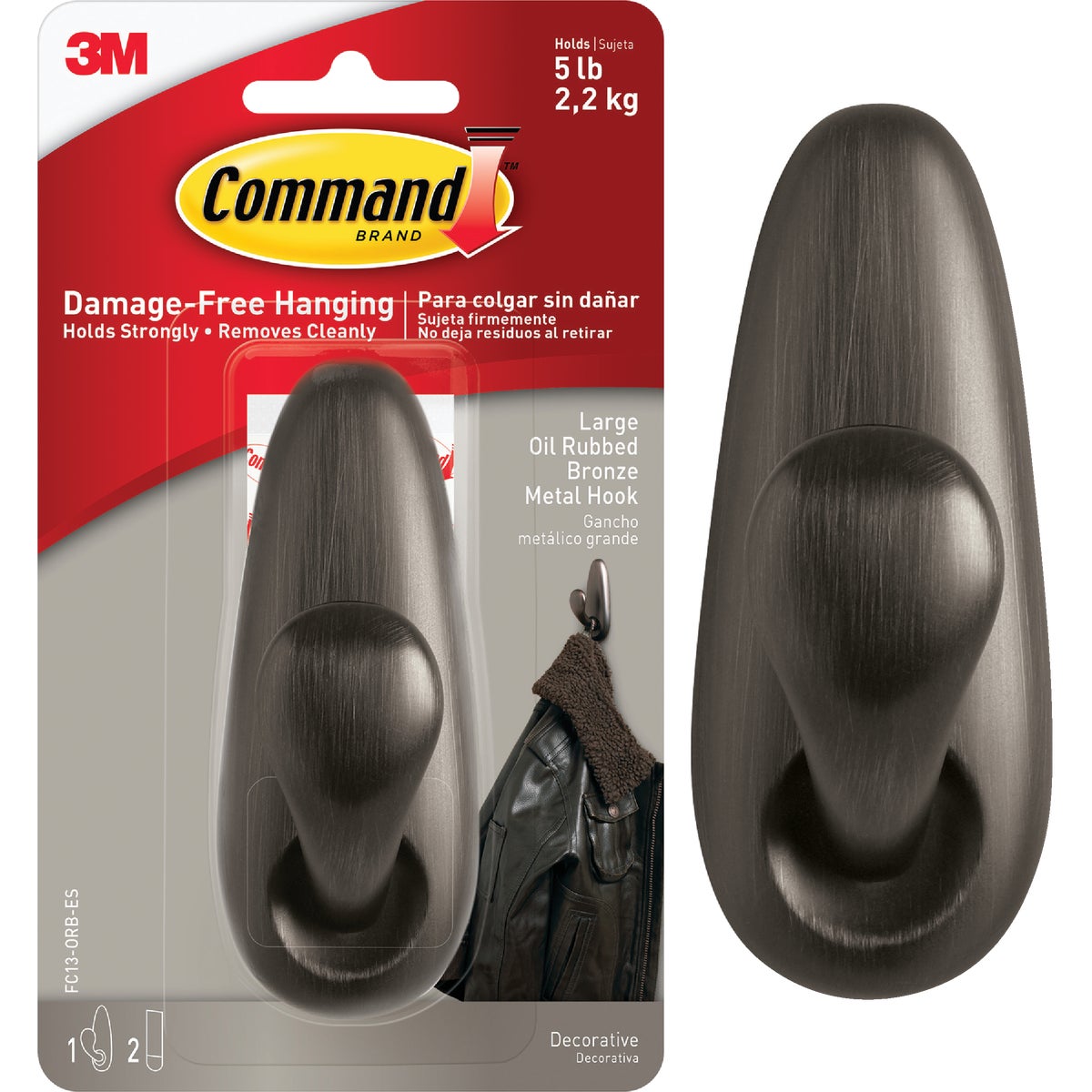Command Large Forever Classic Hook, Oil Rubbed Bronze, 1 Hook, 2 Strips Image 1