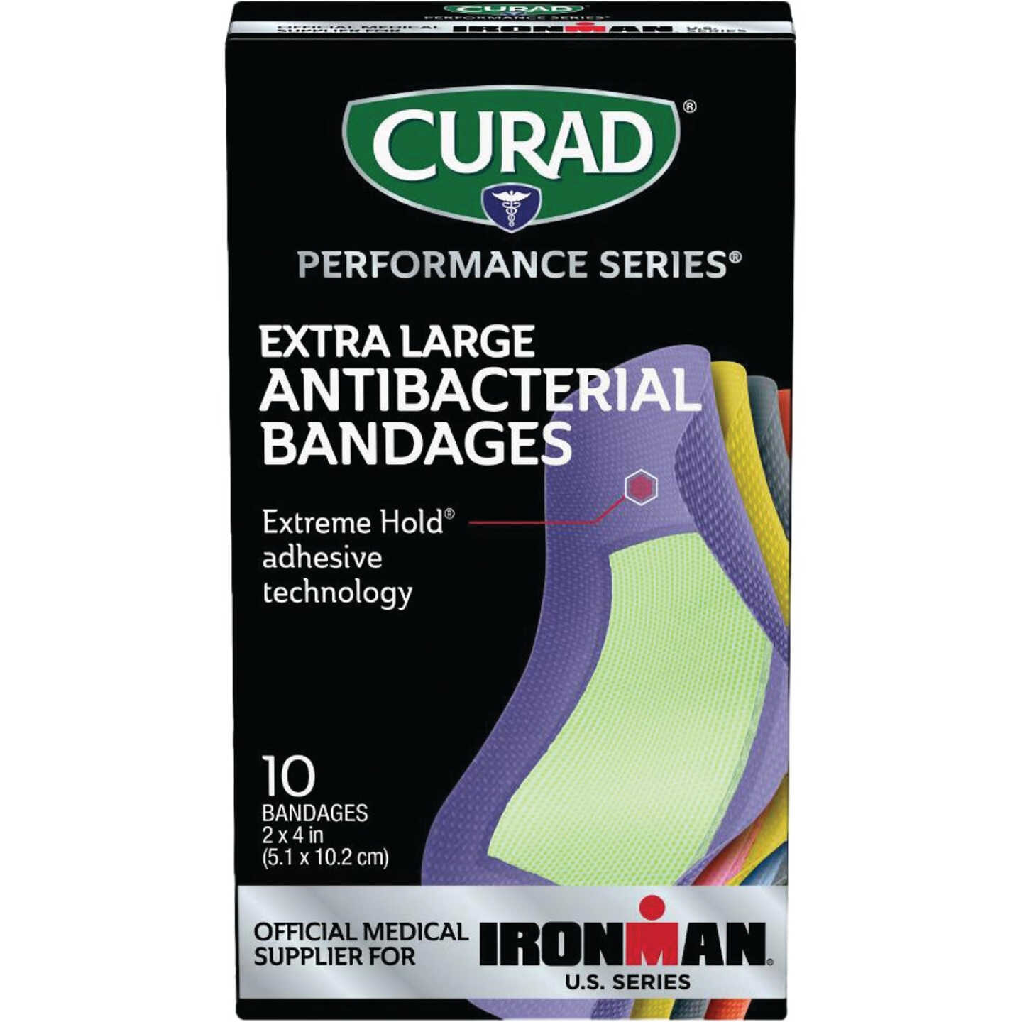 Curad Performance Series Antibacterial Bandages, XL, 2 In. x 4 In., Assorted Colors (10 Ct) Image 1