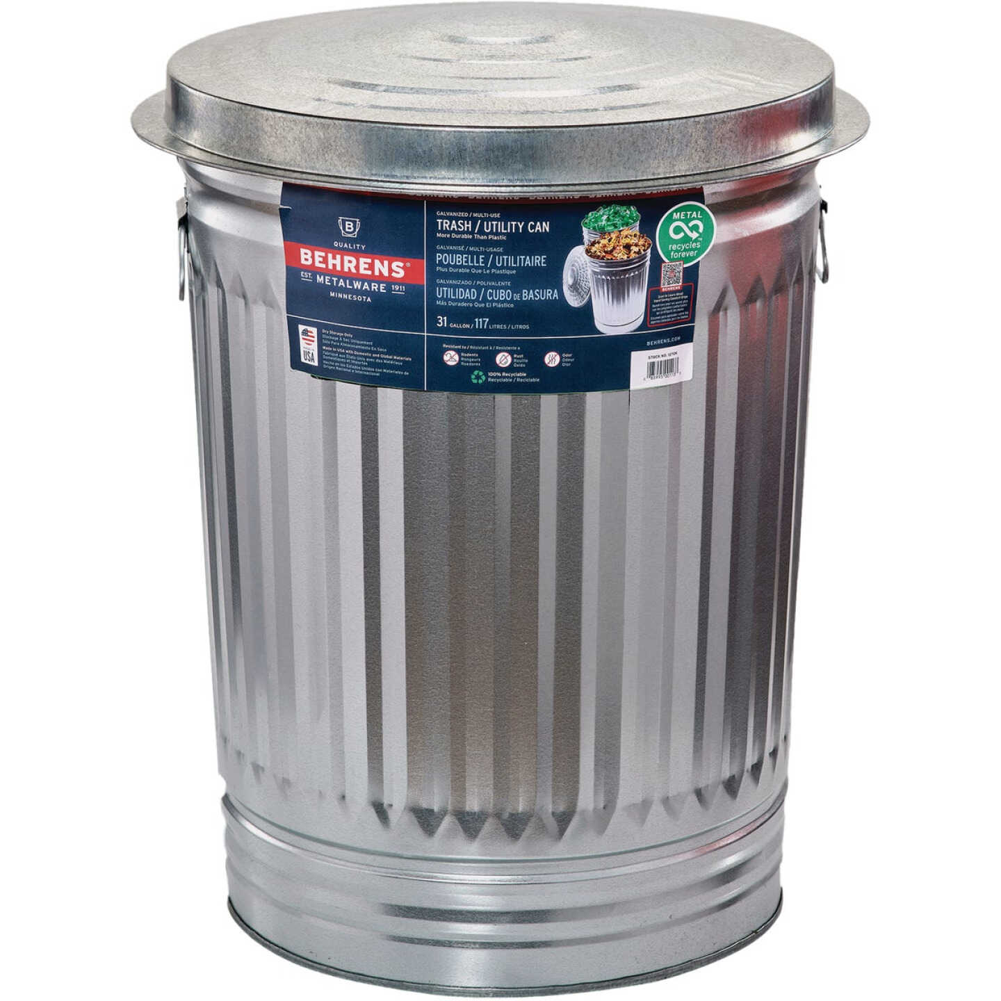 Behrens 31 Gal. Silver Trash Can with Lid Image 1