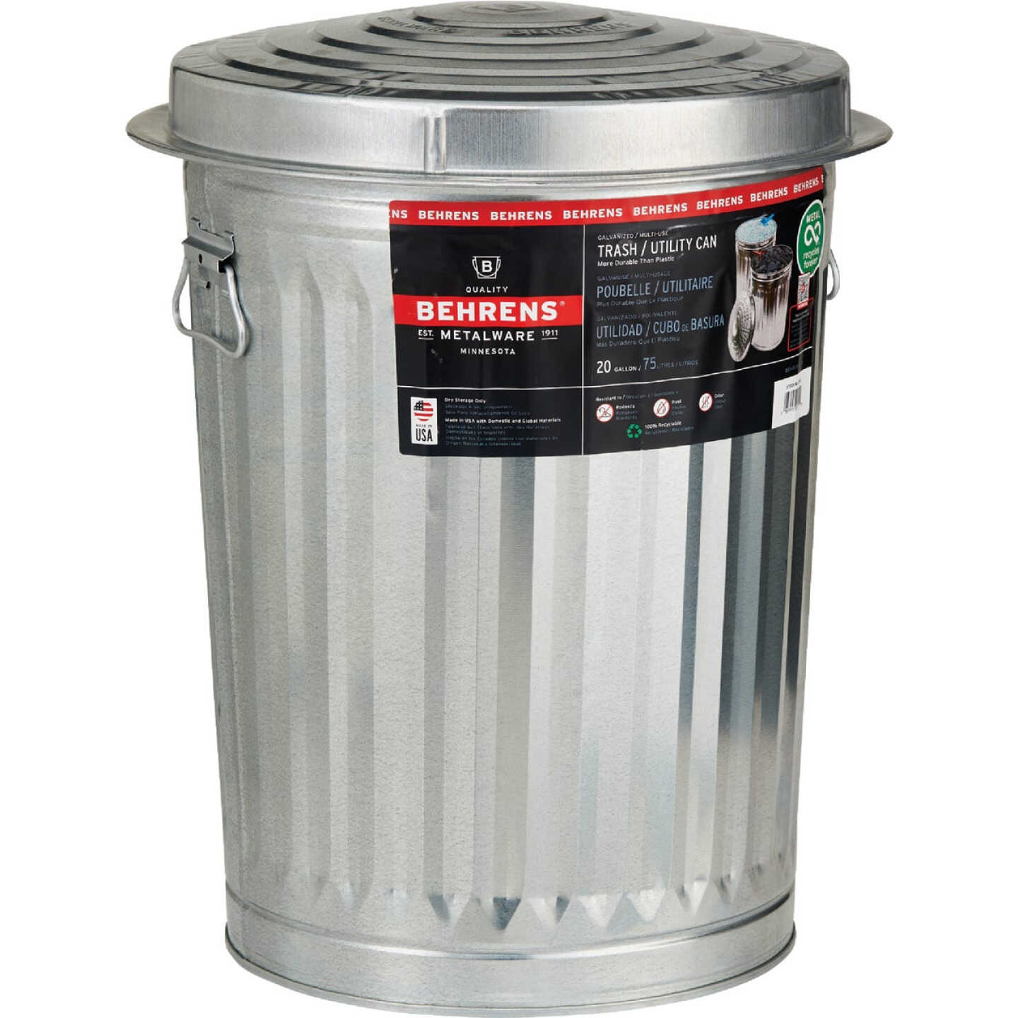 Behrens 20 Gal. Silver Trash Can with Lid Image 1