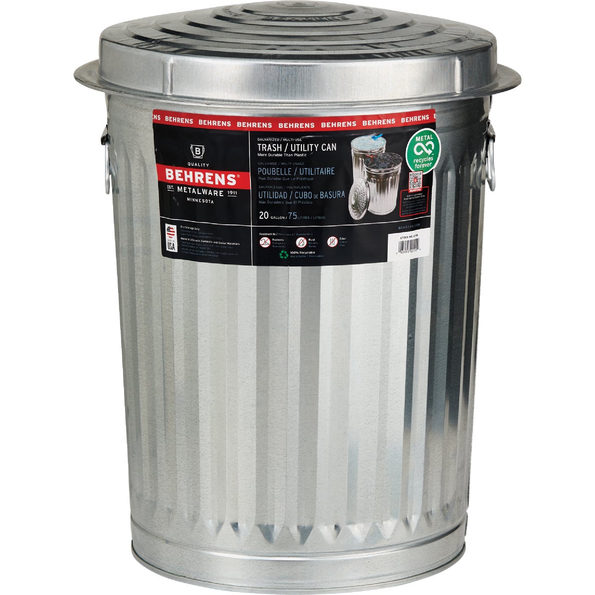Behrens 20 Gal. Silver Trash Can with Lid Image 3