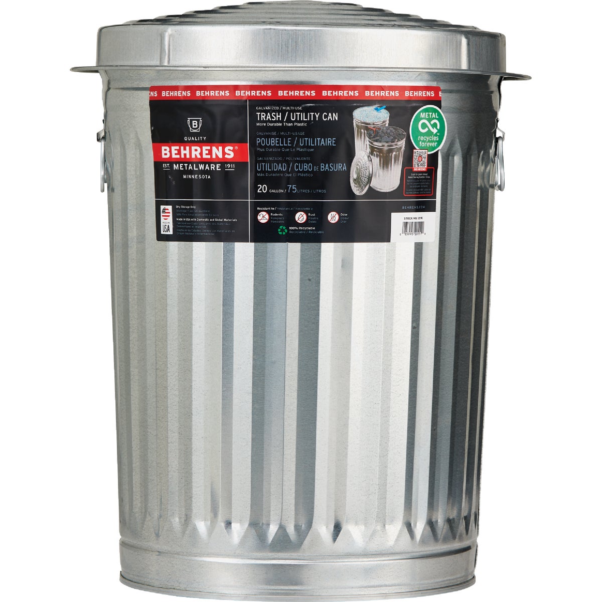 Behrens 20 Gal. Silver Trash Can with Lid Image 2