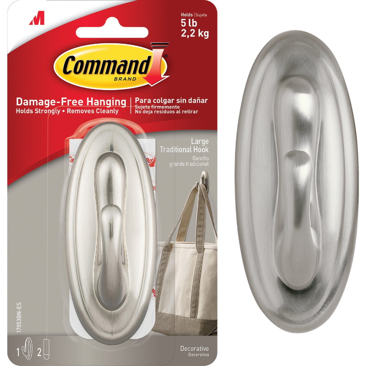 Command Large Traditional Hook, Brushed Nickel, 1 Hook, 2 Strips Image 1