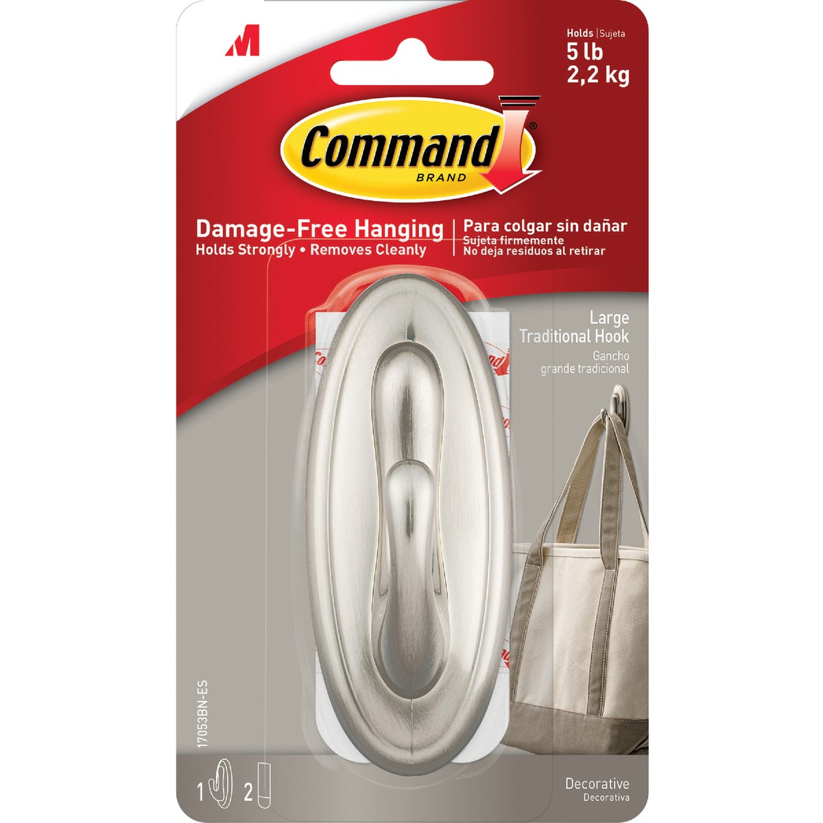 Command Large Traditional Hook, Brushed Nickel, 1 Hook, 2 Strips Image 2
