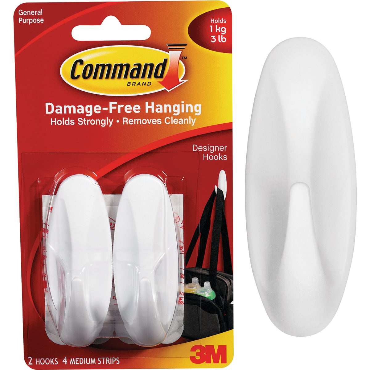 Command Medium Designer Hooks, White, 2 Hooks, 4 Strips Image 1