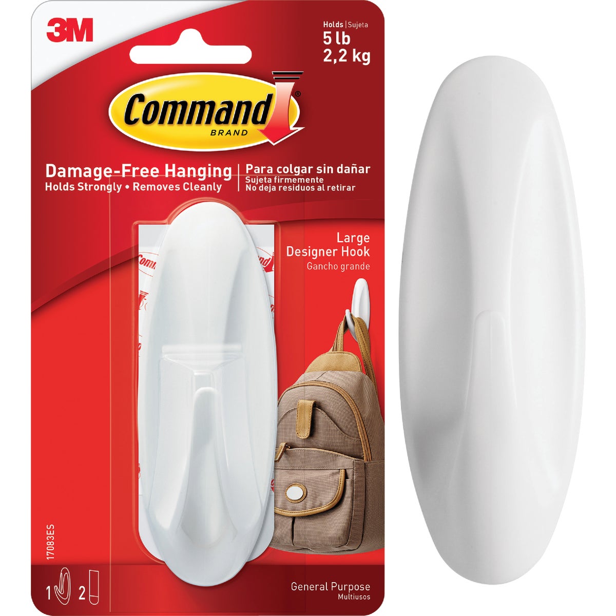Command Large Designer Hook, White, 1 Hook, 2 Strips Image 1