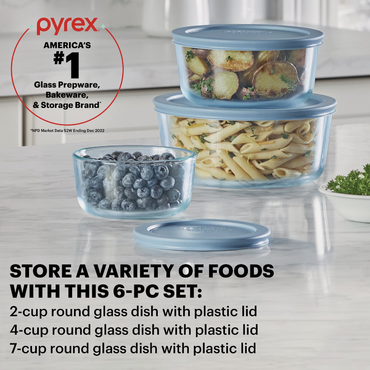 Pyrex Simply Store Tinted Round Storage Set with Blue Plastic Lids (6-Piece) Image 2