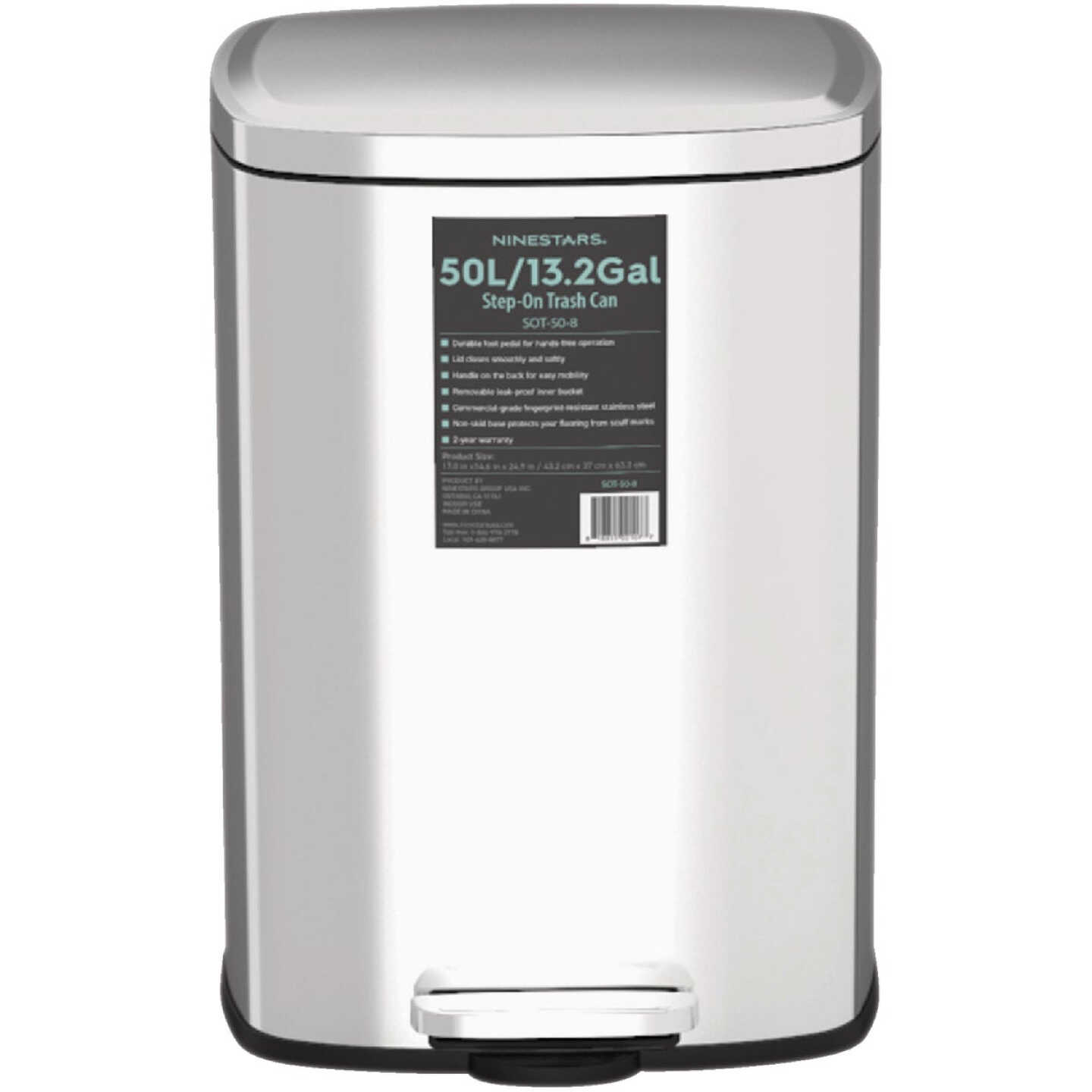 Ninestars 13.2 Gal. Stainless Steel Foot Pedal Trash Can Image 1