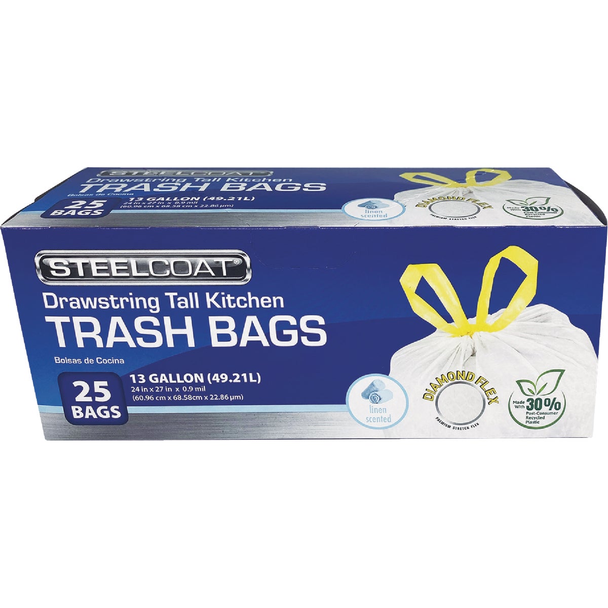 Steelcoat Diamond Flex 13 Gal. Fresh Linen Tall Kitchen White Drawstring Trash Bag (25-Count)