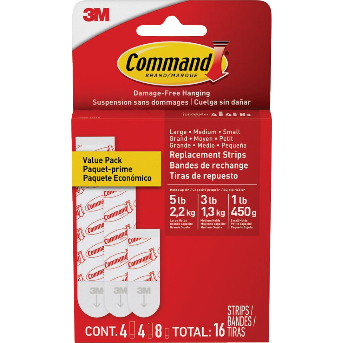Command Assorted Adhesive Strips, White, 8 Small, 4 Medium, 4 Large Strips Image 1
