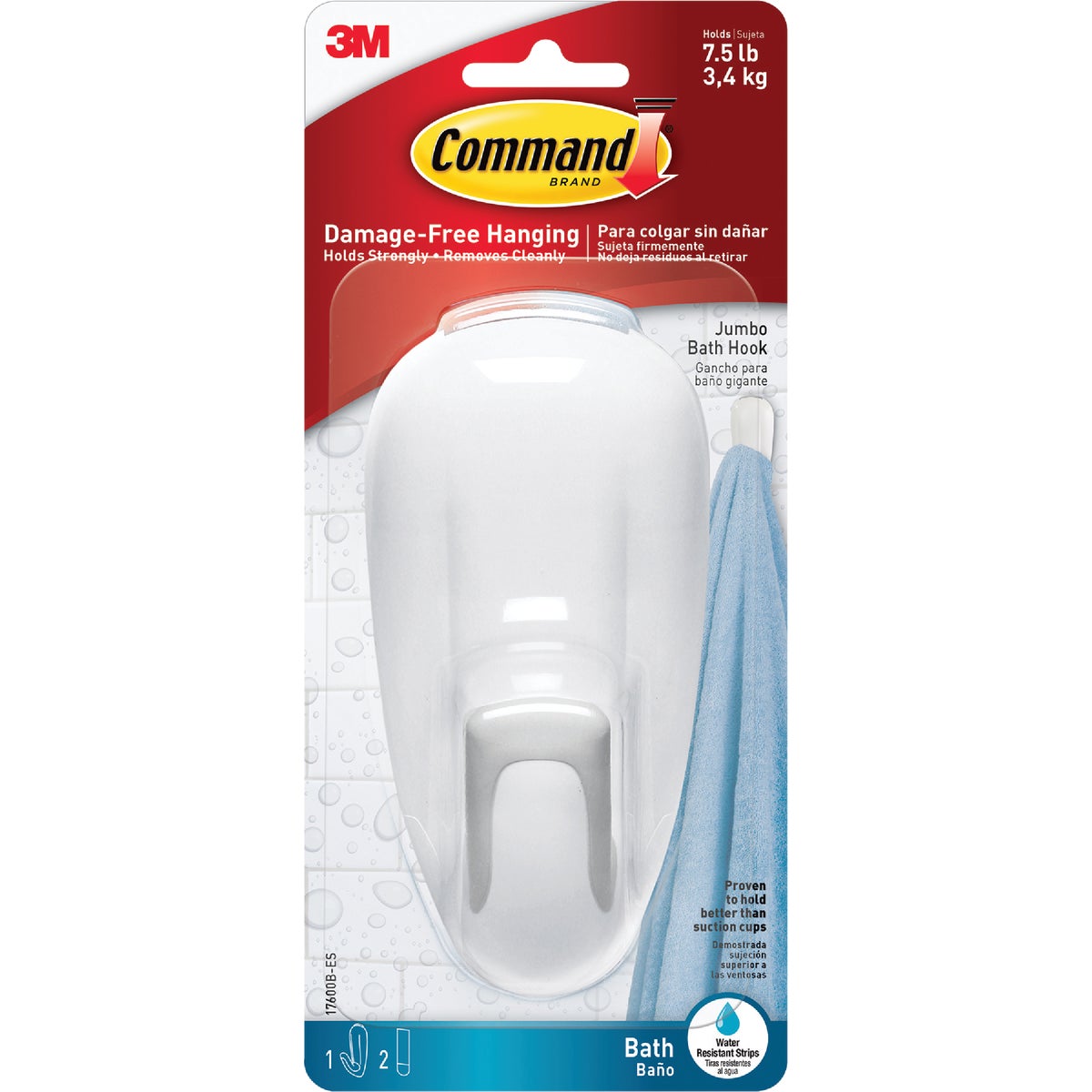 Command Jumbo Bath Hook, White, 1 Hook, 2 Strips Image 2