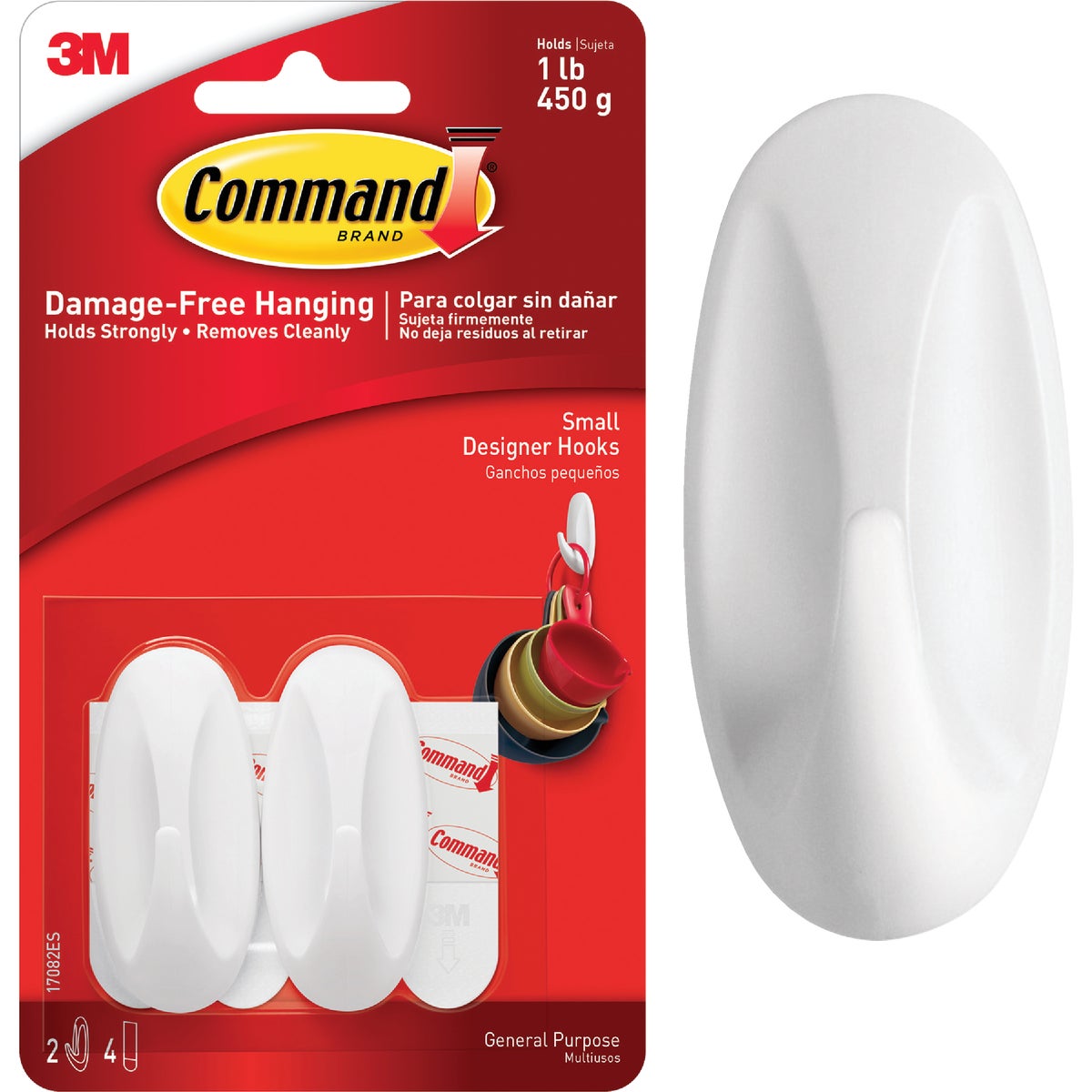 Command Small Designer Hook, White, 2 Hooks, 4 Strips Image 1