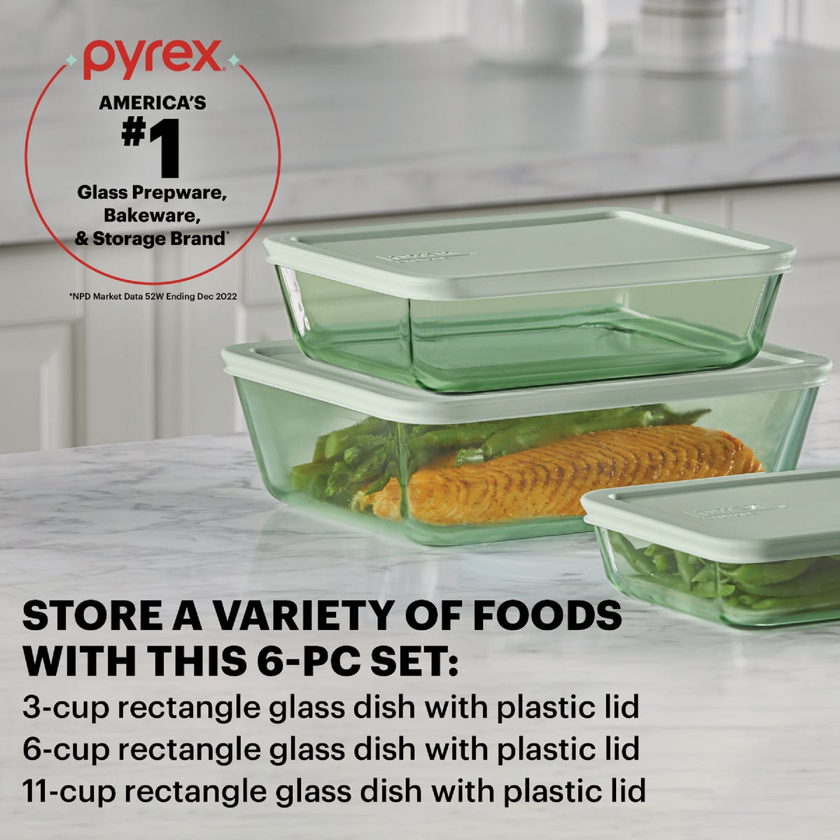 Pyrex Simply Store Tinted Green Rectangle Storage Set with Plastic Lids (6-Piece) Image 2