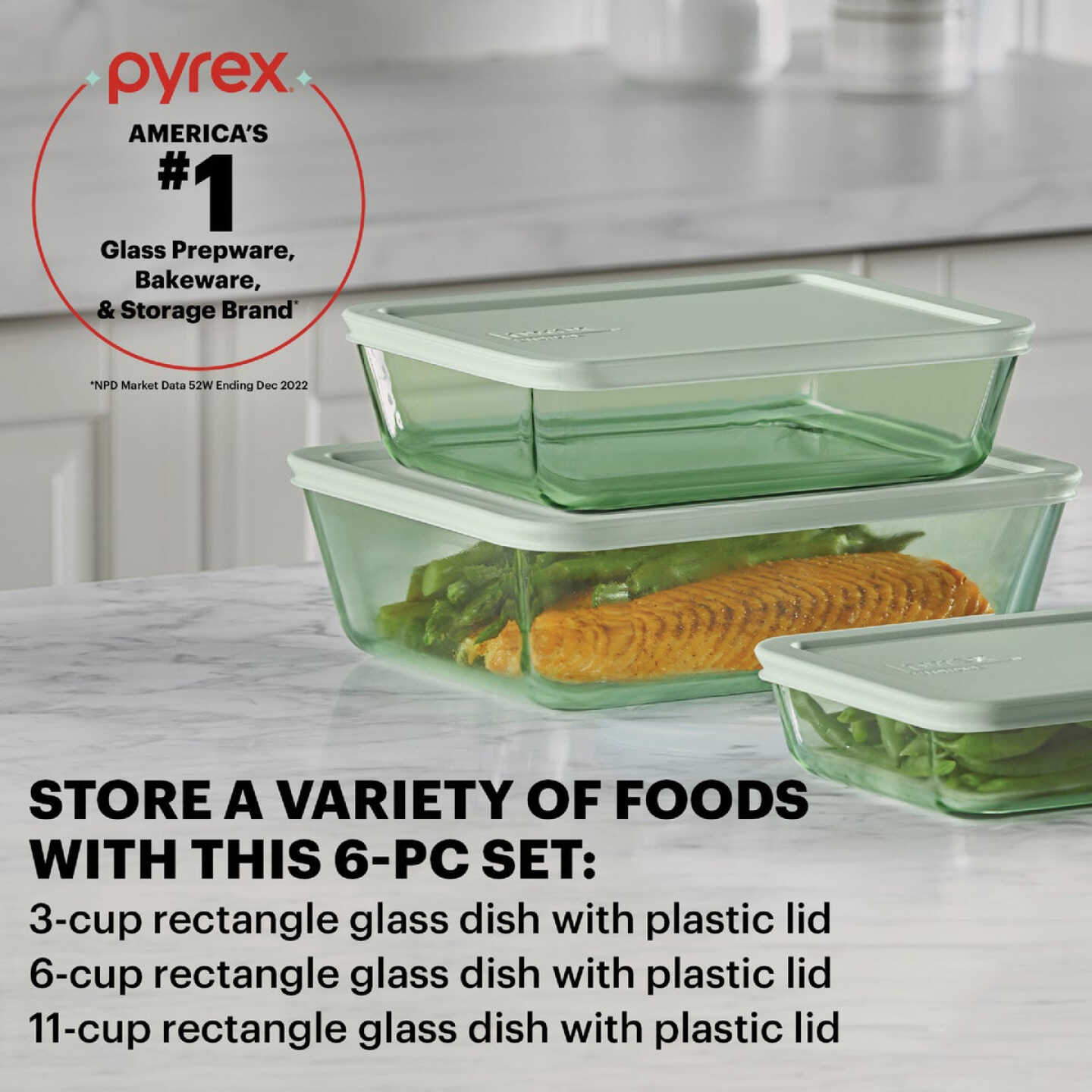 Pyrex Simply Store Tinted Green Rectangle Storage Set with Plastic Lids (6-Piece) Image 2