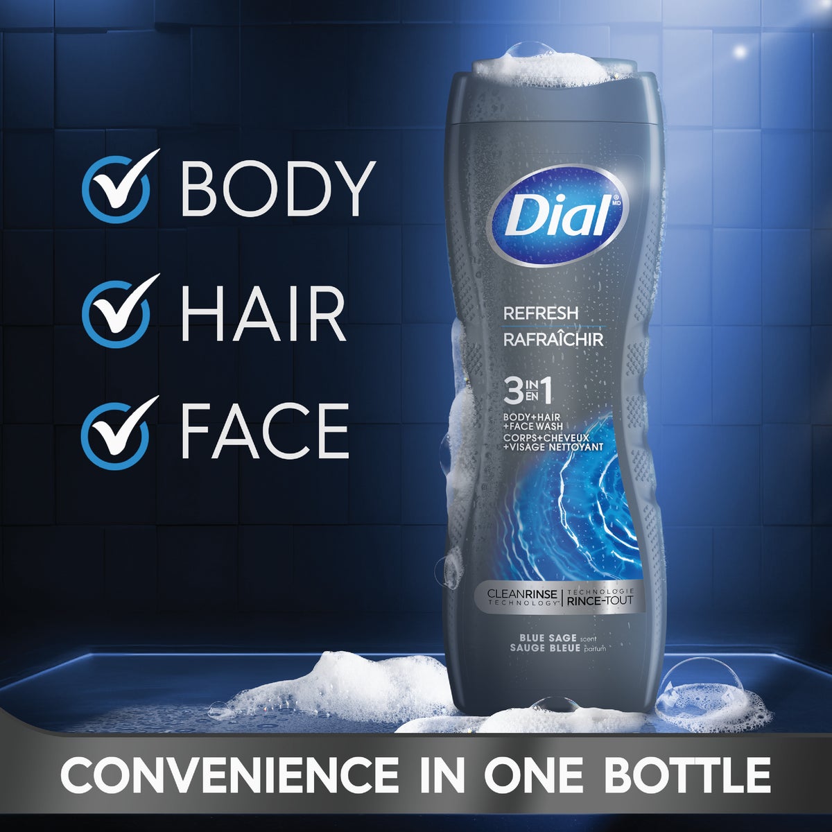 Dial Men 16 Oz. Refresh 3-In-1 Body, Hair & Face Wash, Blue Sage Image 2