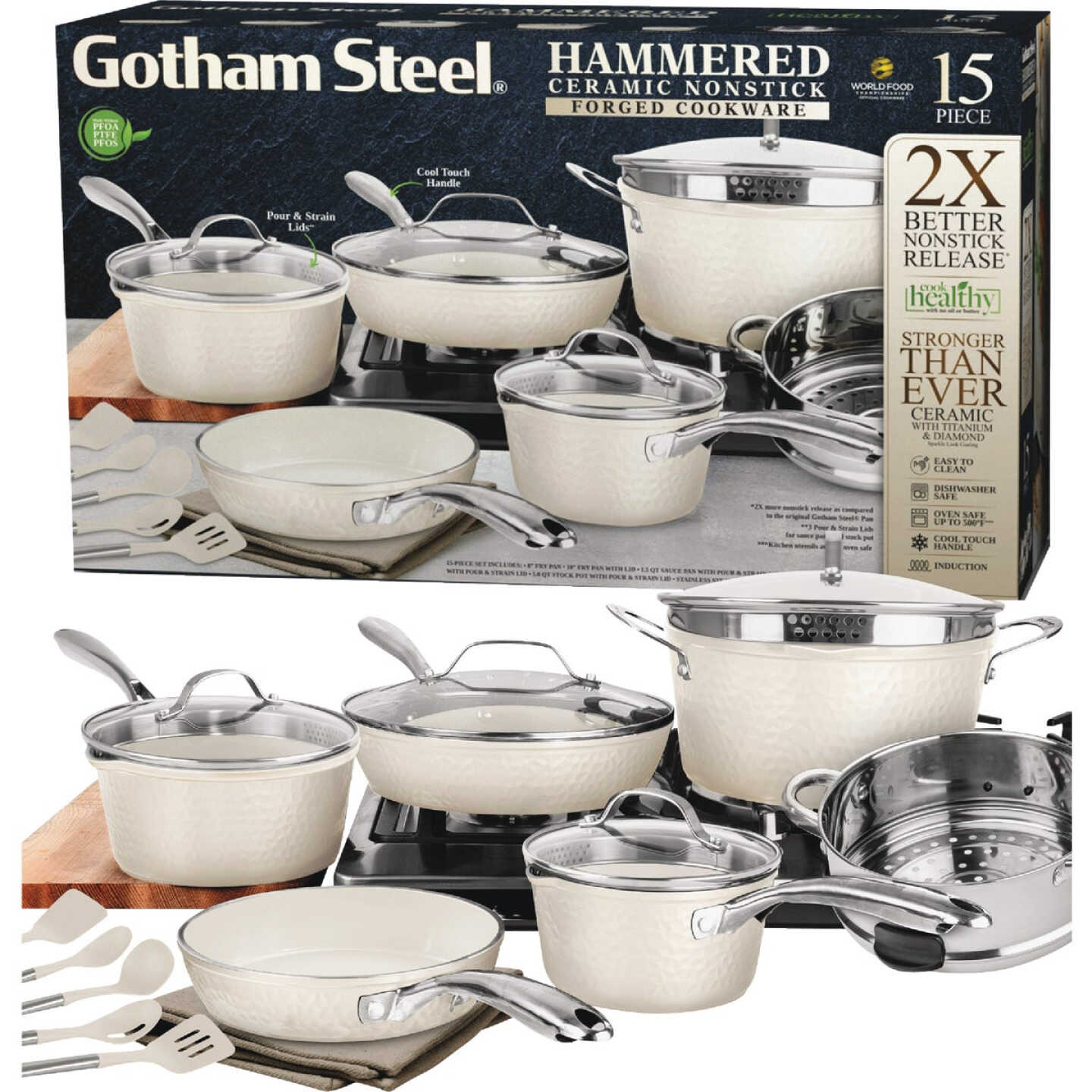 Gotham Steel Hammered Cream Cookware Collection (15-Piece) Image 1