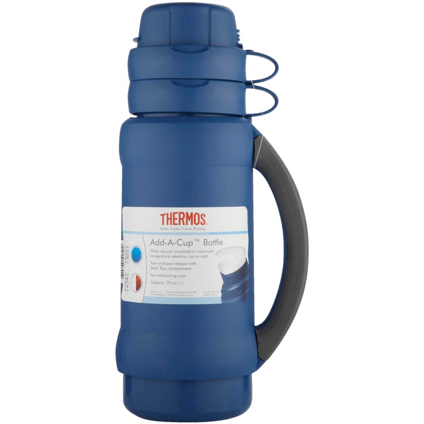 Thermos Add-A-Cup 35 Oz. Black or Blue Plastic Insulated Vacuum Bottle Image 2