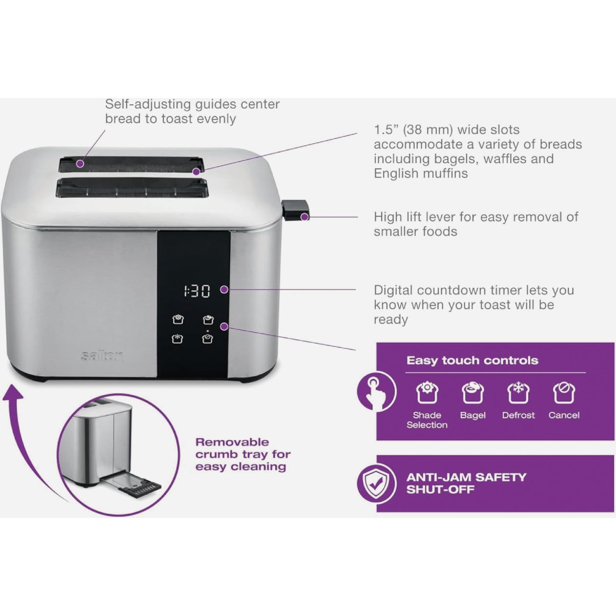 Salton 2-Slice Stainless Steel Digital Countdown Toaster Image 2