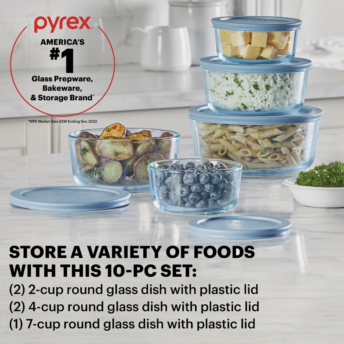 Pyrex Simply Store Tinted Blue Round Storage Set with Blue Plastic Lids (10-Piece) Image 3