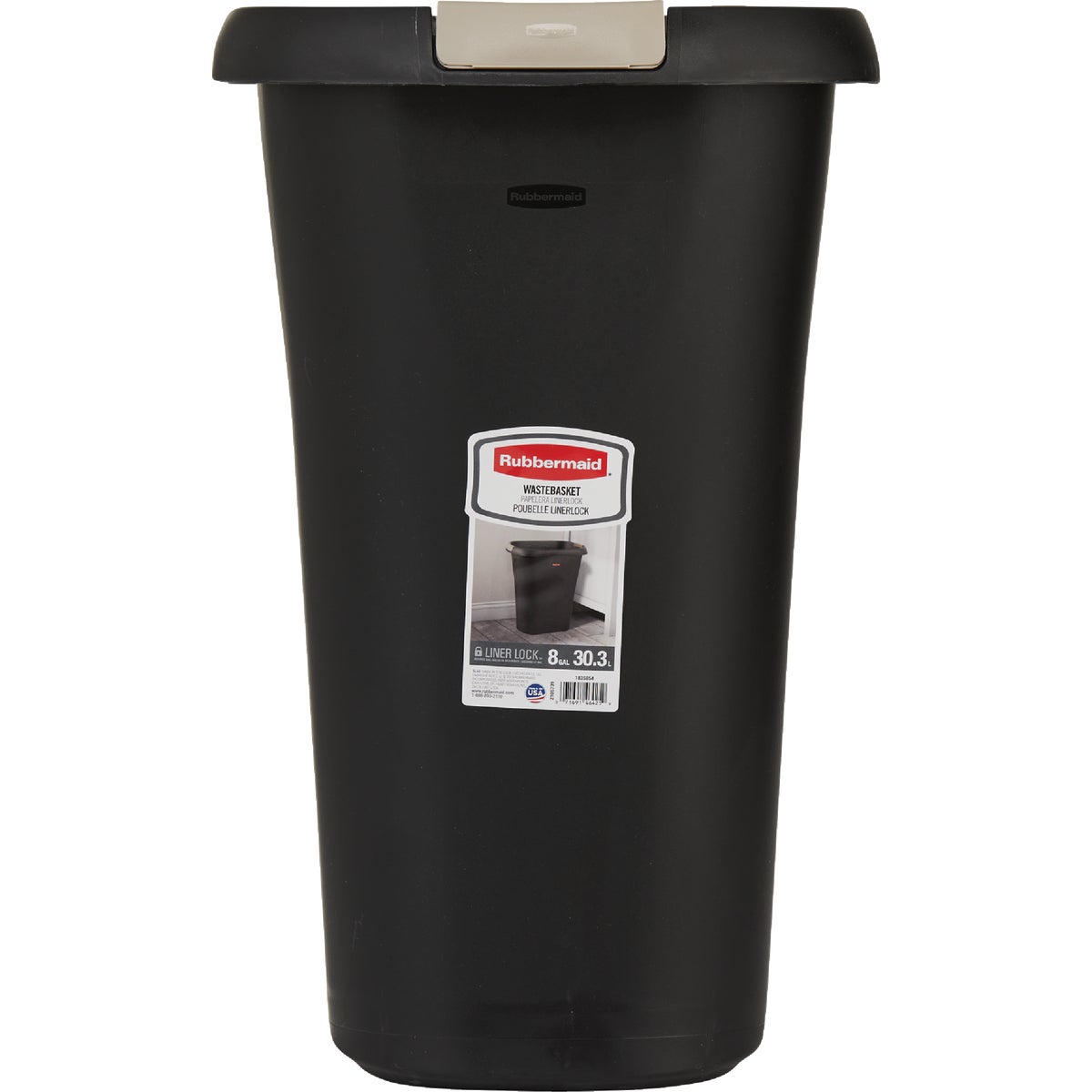 Rubbermaid 8 Gal. Black Rectangular Wastebasket with LinerLock Image 2