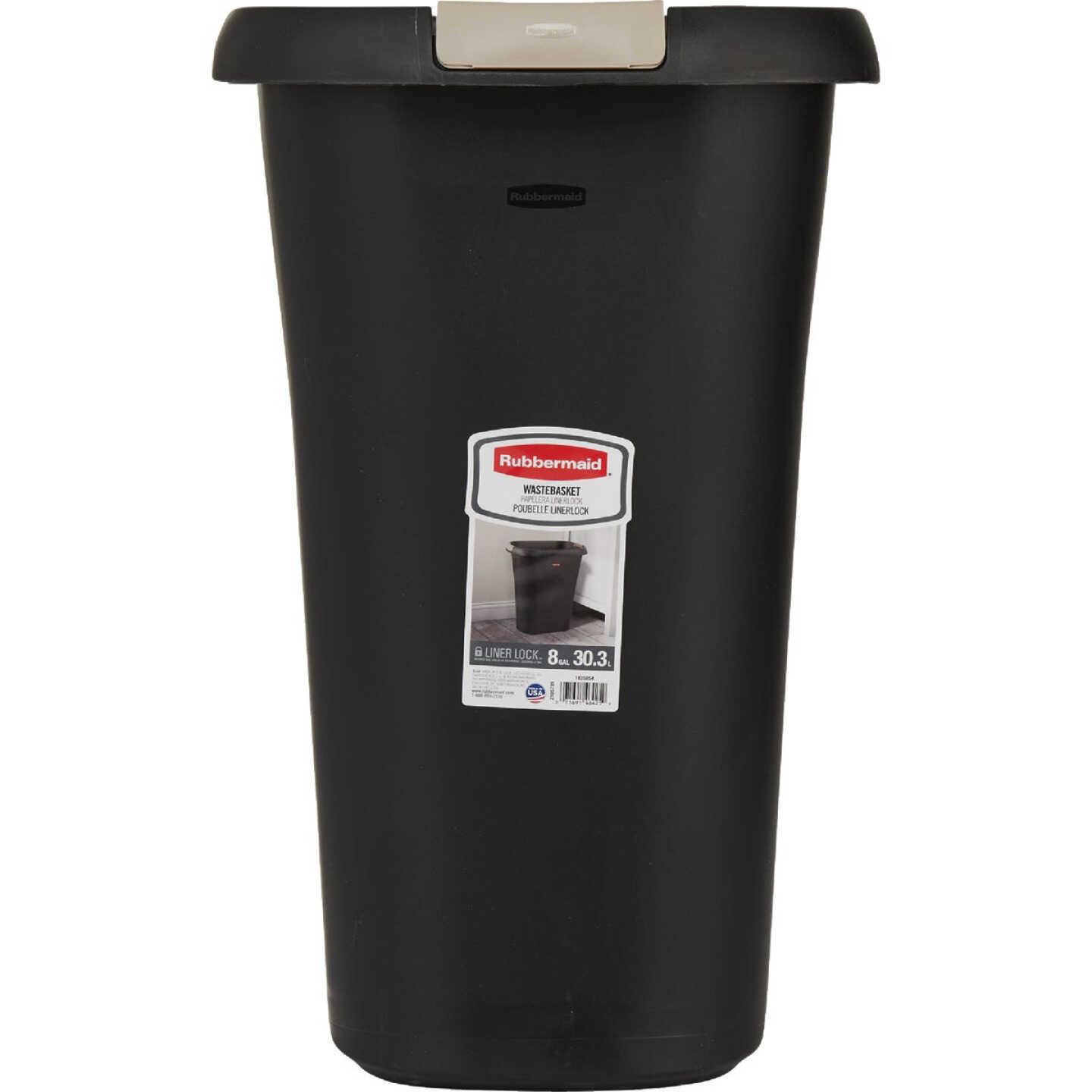Rubbermaid 8 Gal. Black Rectangular Wastebasket with LinerLock Image 2