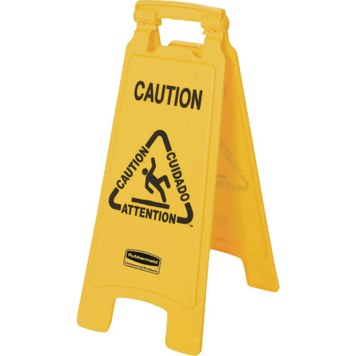 Rubbermaid Commercial 26 In. 2-Sided Yellow Multilingual Caution Sign Image 1