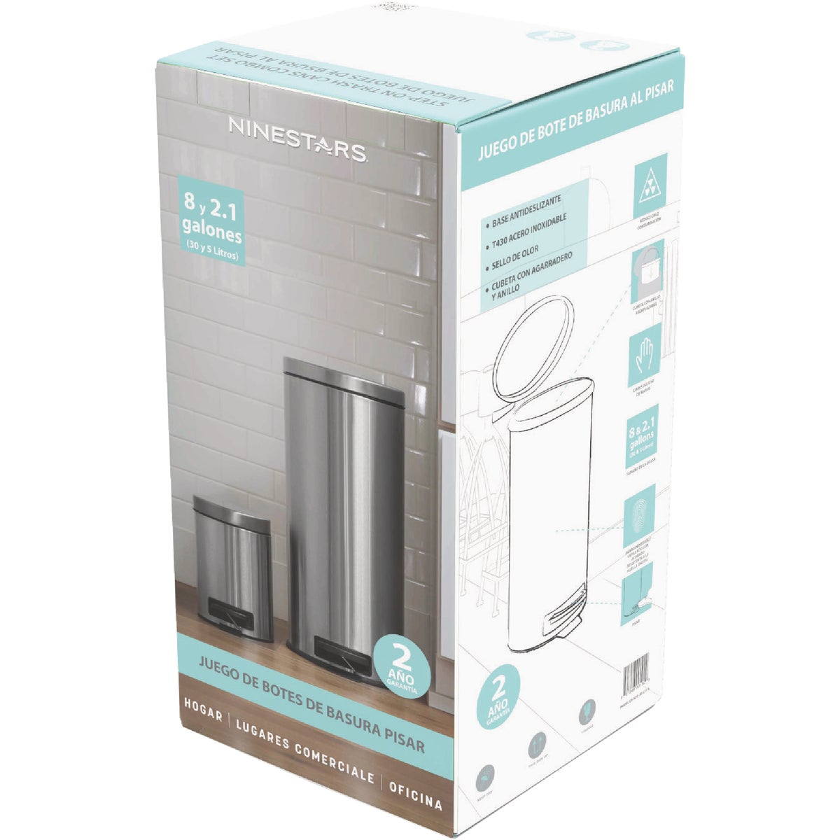 Ninestars 8 Gal. & 1.3 Gal. Stainless Steel Trash Cans (2-Count) Image 3