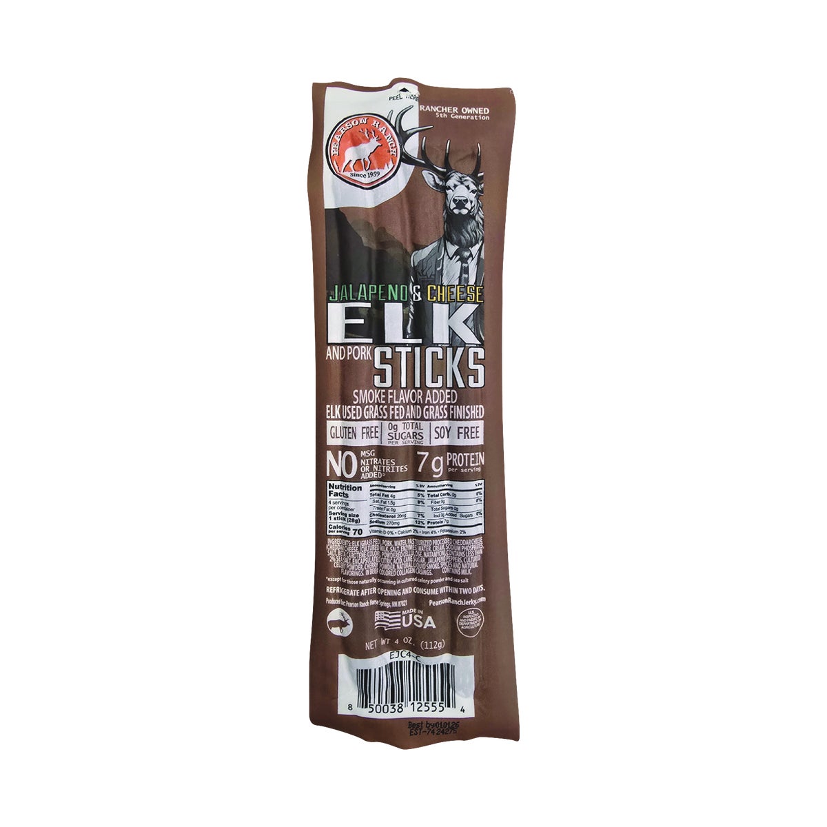 Pearson Ranch Jerky 4 Oz. Elk Jalapeno Cheese Snack Stick