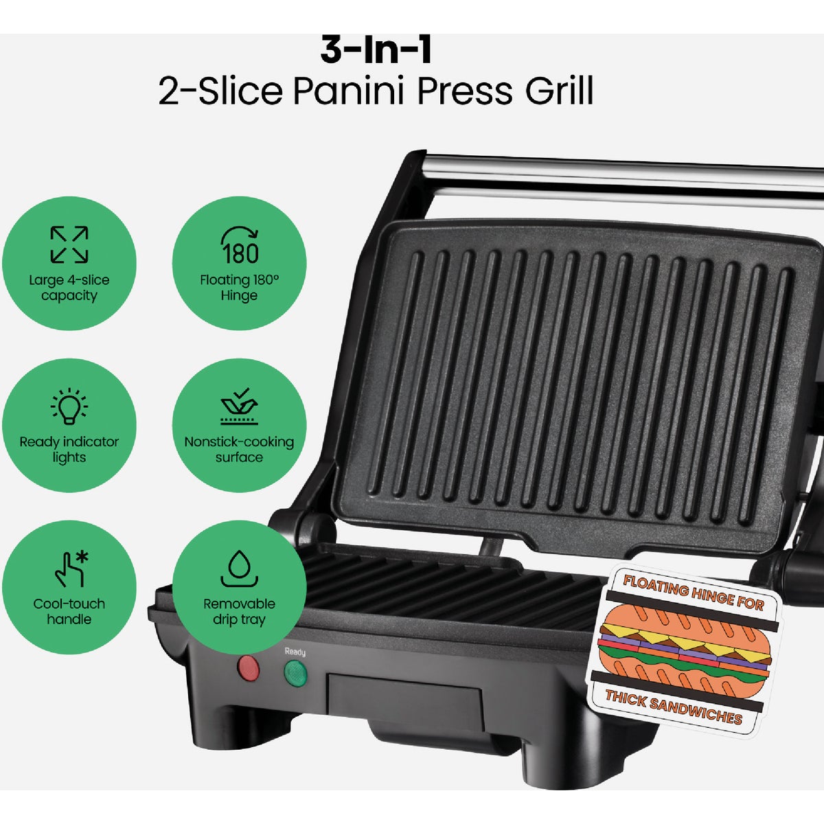 Chefman Electric Panini Press Grill and Gourmet Sandwich Maker (2 Slice) Image 2