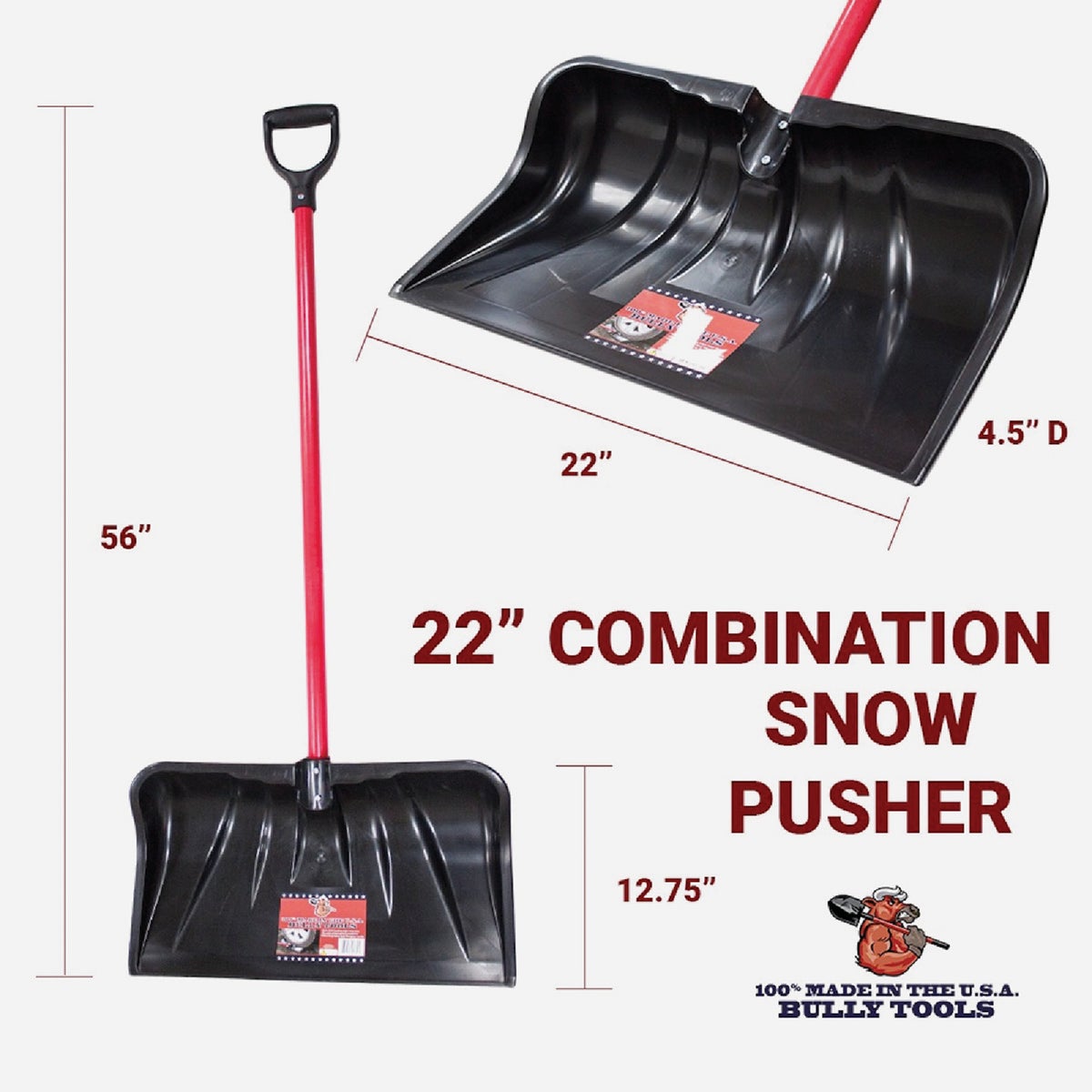 Bully Tools 22 In. Poly Combo Snow Pusher with 37 In. Fiberglass Handle Image 2