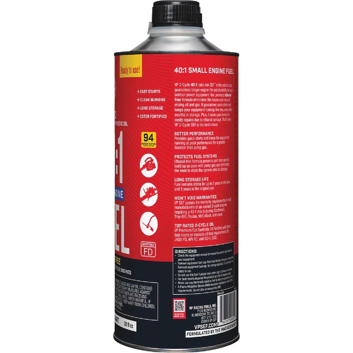 VP Racing Fuels 32 Oz. 40:1 Ethanol-Free Gas & Oil Pre-Mix Image 4