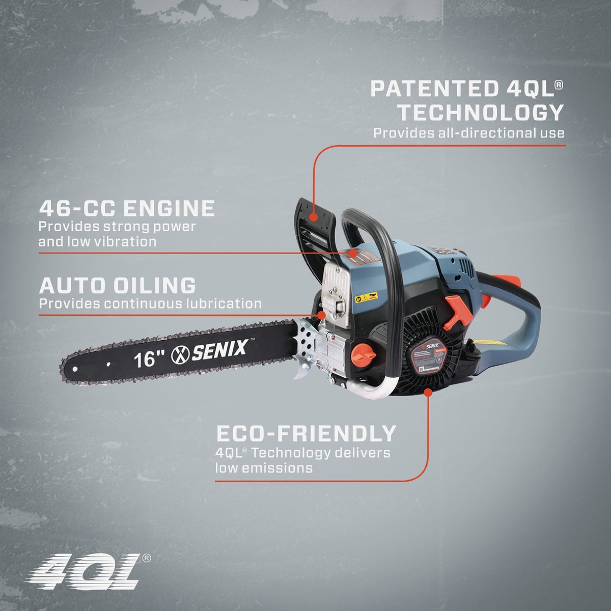 Senix 4QL 16 In. 46cc Gas Powered Chainsaw Image 2