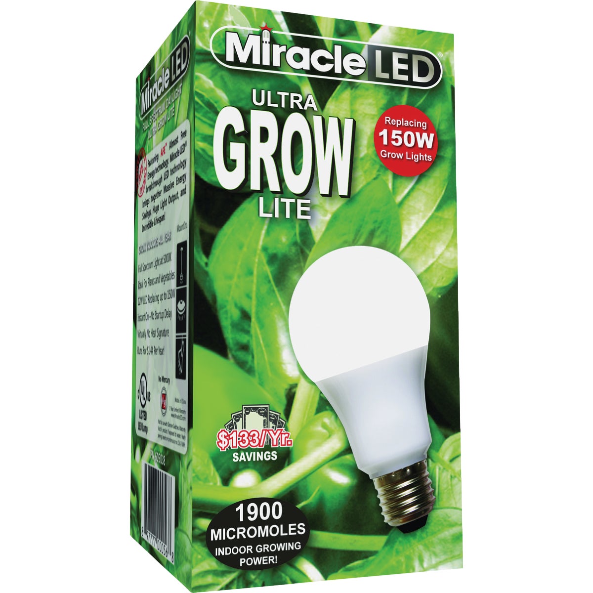Miracle LED Ultra Grow 150W Equivalent Full Spectrum Daylight A19 Medium Base LED Plant Light Bulb Image 1