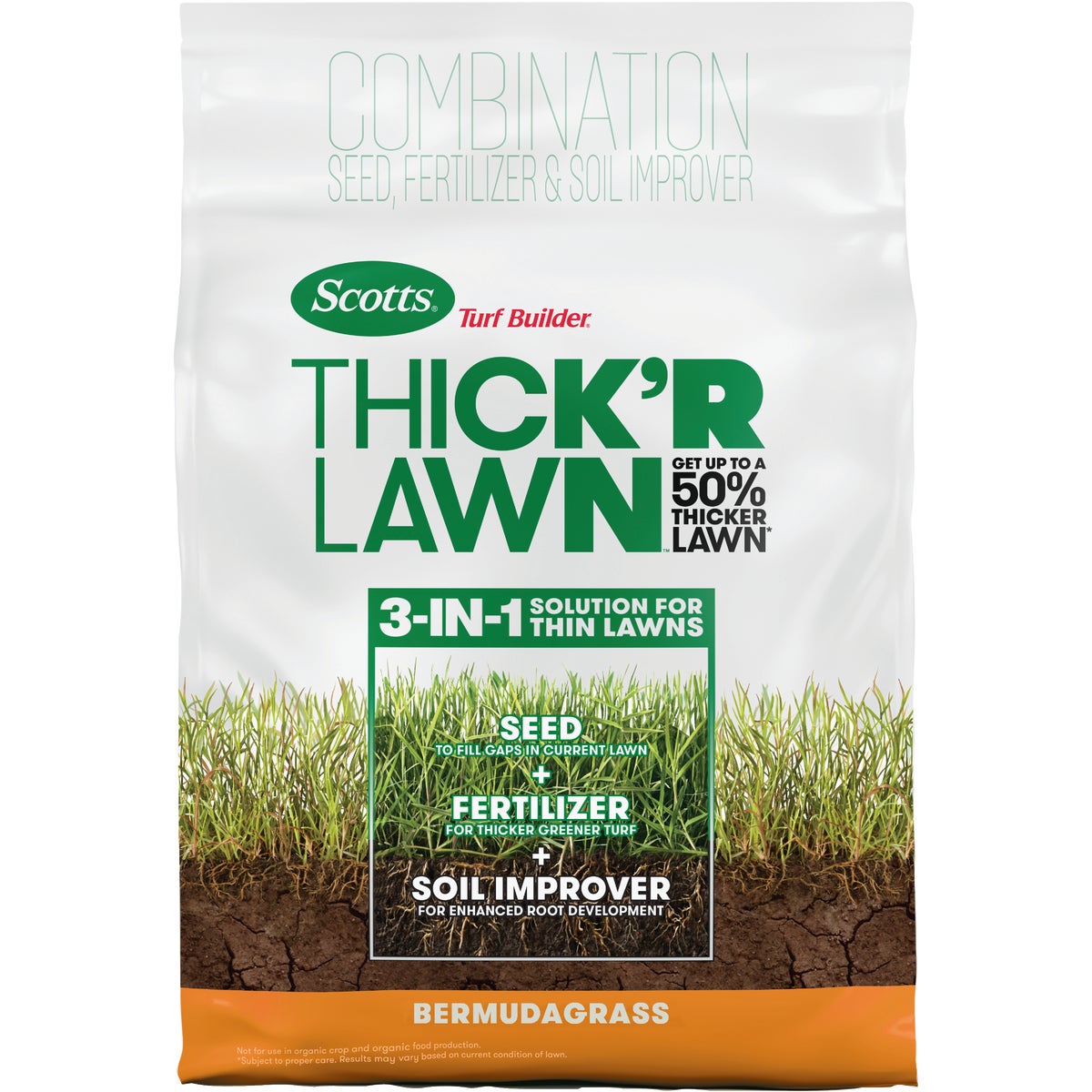 Scotts Turf Builder Thick'R Lawn 12 Lb. 1200 Sq. Ft. Patch & Repair For Bermudagrass Grass Seed, Fertilizer, and Soil Improver Combination