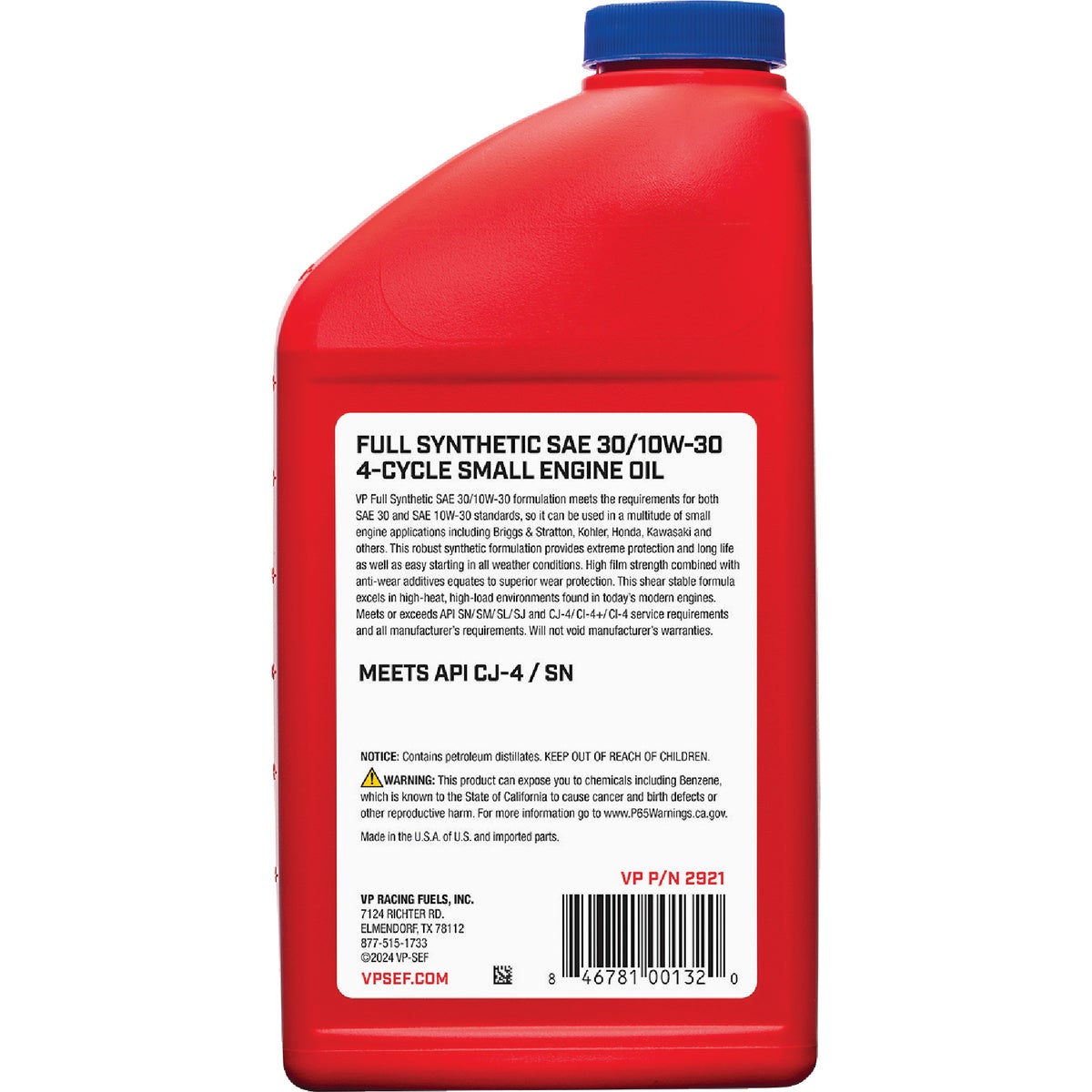 VP Racing Fuels 32 Oz. SAE30/10W30 Full Synthetic 4-Cycle Small Engine Oil Image 2