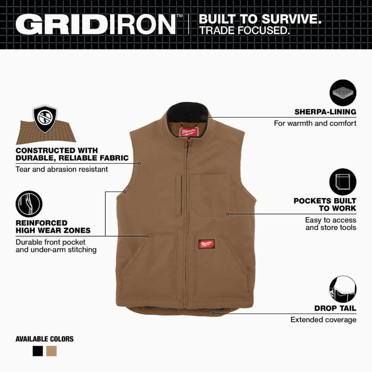Milwaukee GRIDIRON Men's Medium Brown Sherpa-Lined Vest Image 2