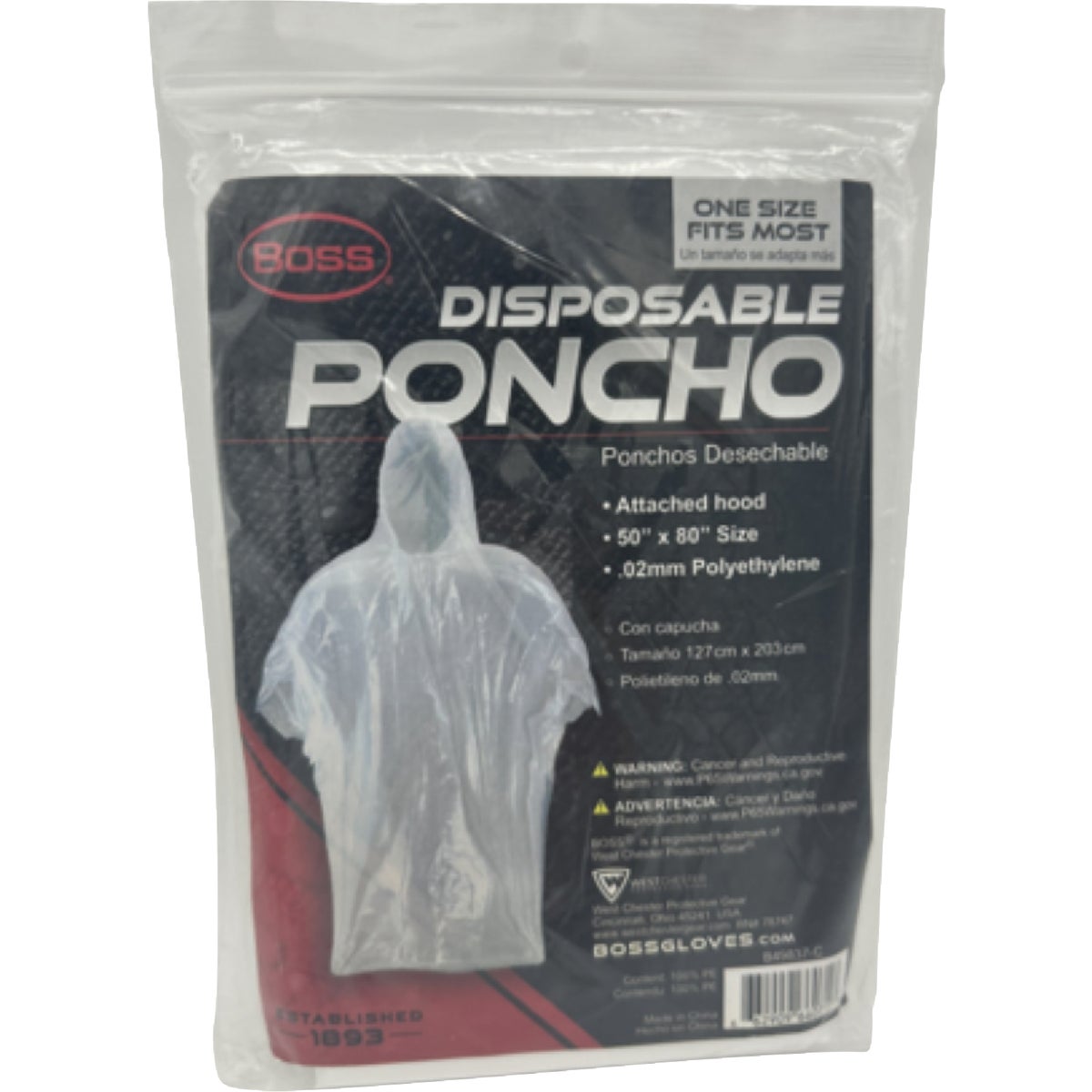 Boss 50 In. x 80 In. Clear Disposable Rain Poncho