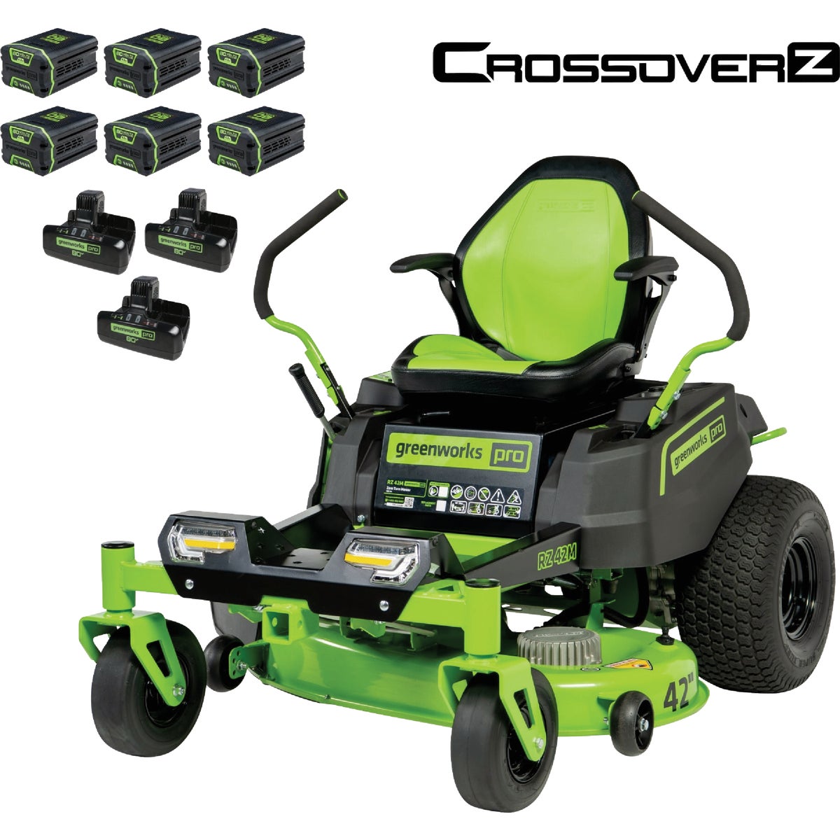 Greenworks 80V 42 In. Battery Electric CrossoverZ Zero-Turn Riding Lawn Mower with (6) 5.0 Ah Batteries and (3) Dual-Port Turbo Chargers