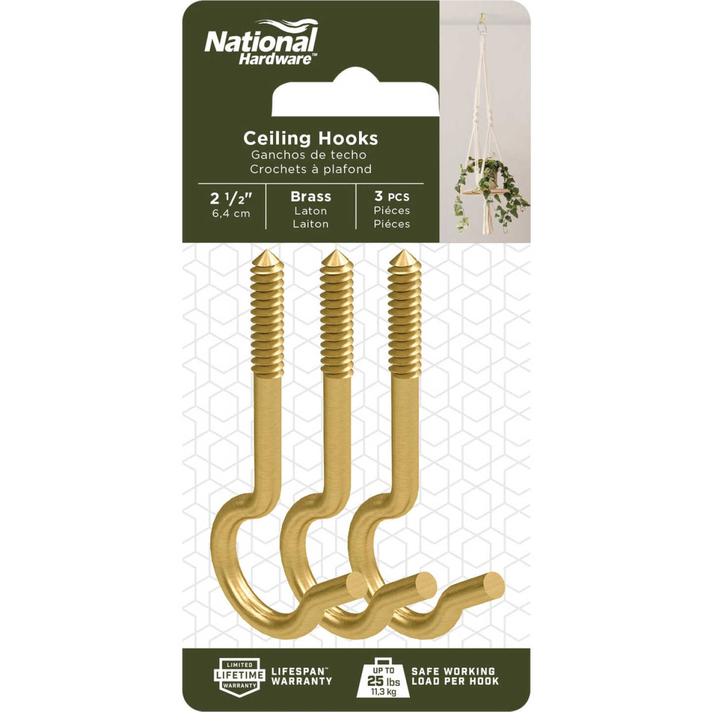 National Hardware 2-1/2 In. Brass Ceiling Hook (3-Pack) Image 3