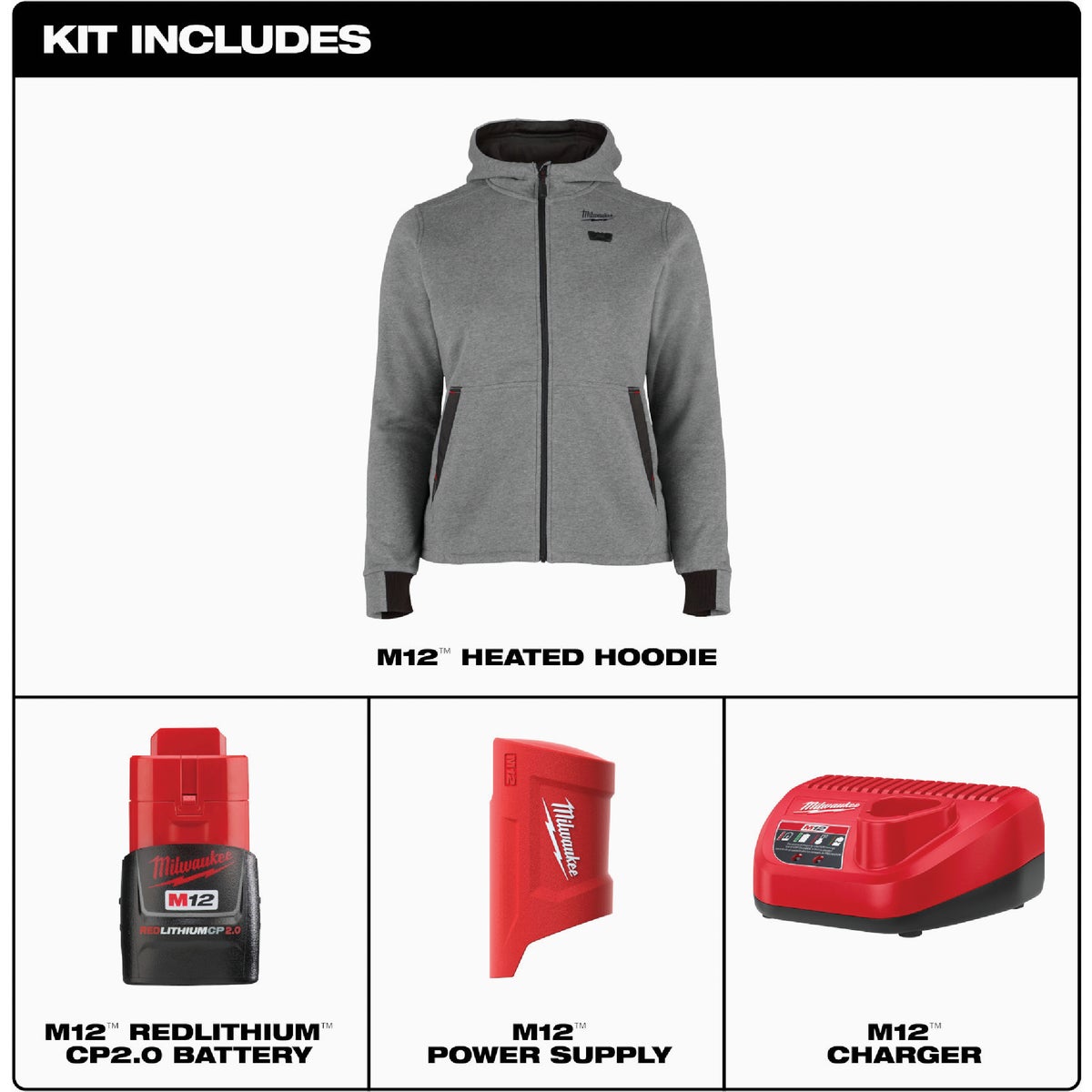 Milwaukee M12 Women's Large Gray Full-Zip Heated Hoodie Kit Image 5