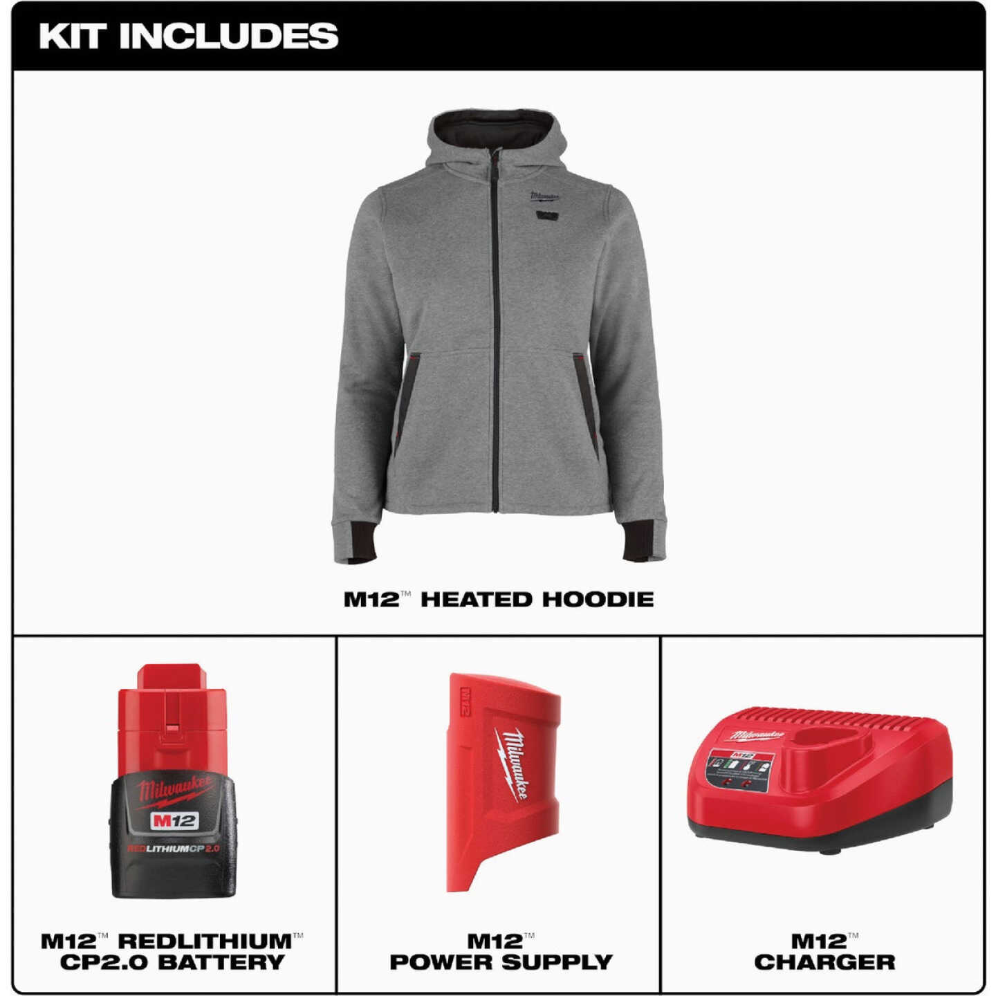 Milwaukee M12 Women's Large Gray Full-Zip Heated Hoodie Kit Image 5