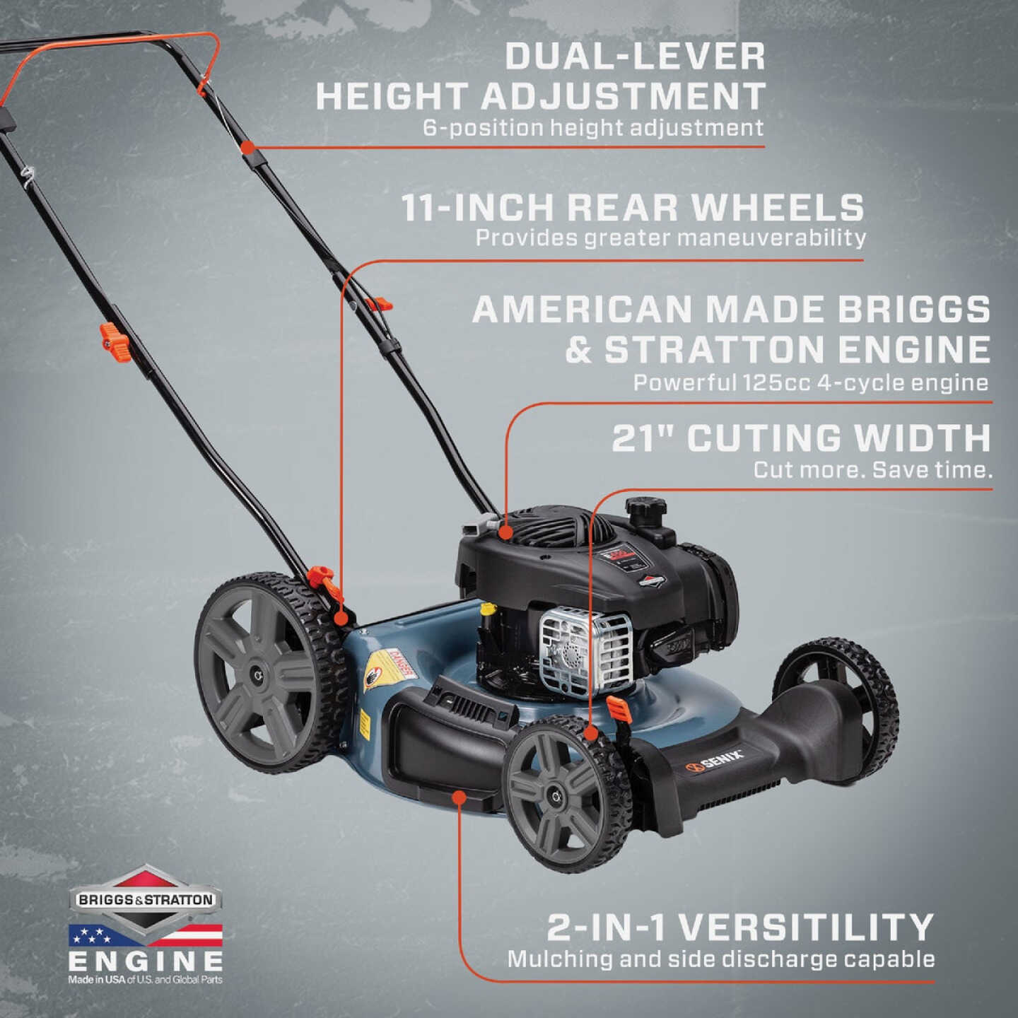 Senix 21 In. 125cc 2-In-1 Push Gas Lawn Mower Image 2