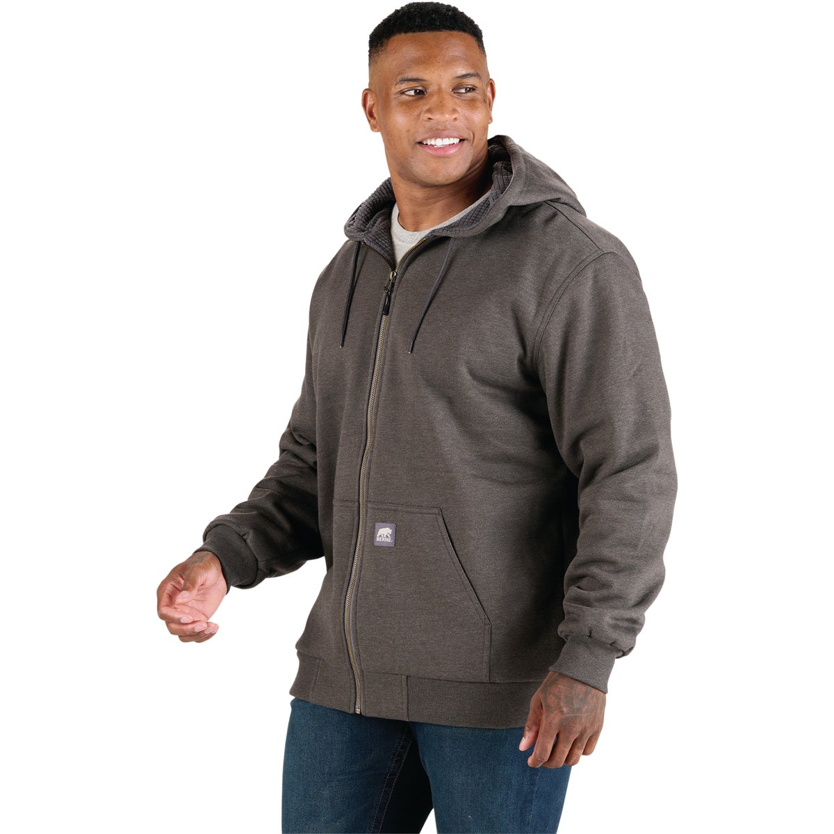 Berne Heritage Grid Large Graphite Heather Fleece-Lined Full-Zip Hooded Sweatshirt