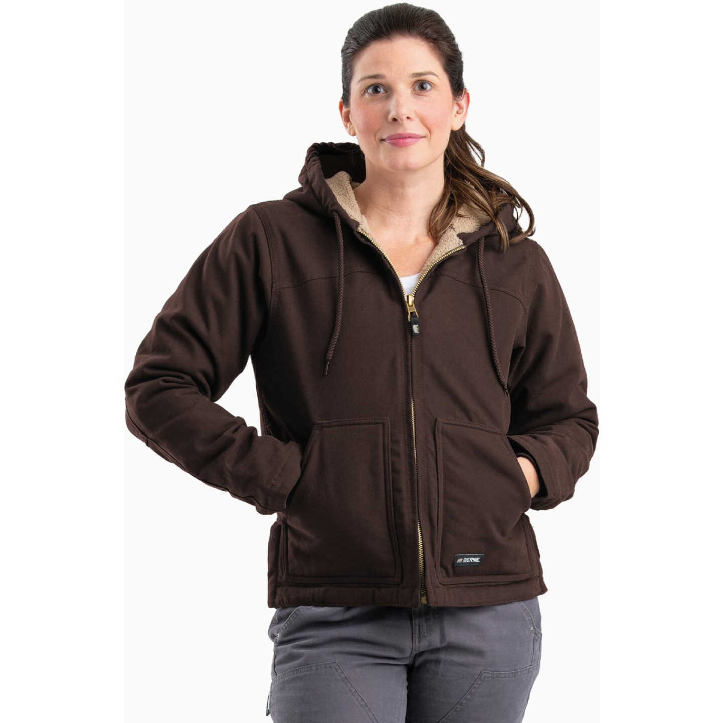 Berne Women's Small Dark Brown Sherpa-Lined Softstone Duck Hooded Jacket Image 1