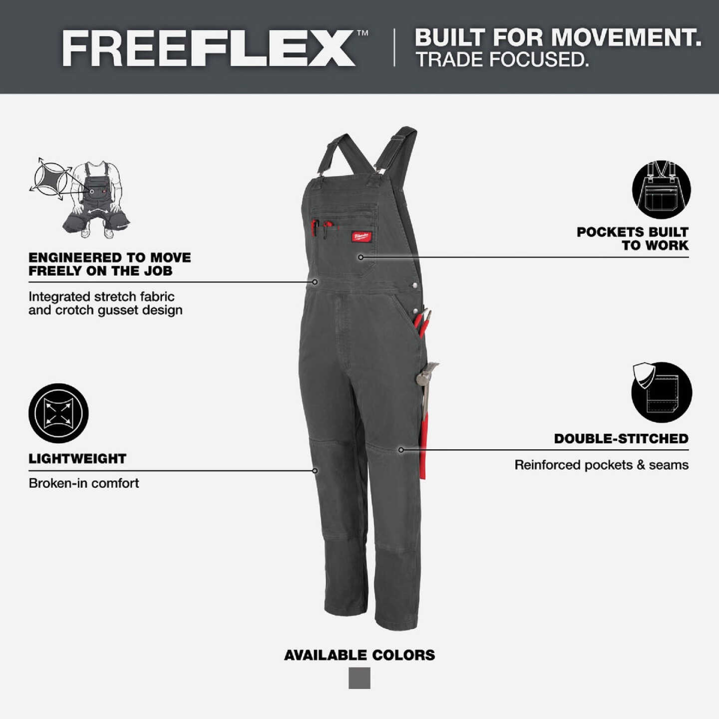 Milwaukee FREEFLEX Men's 32x34 Gray Unlined Bib Overalls Image 3