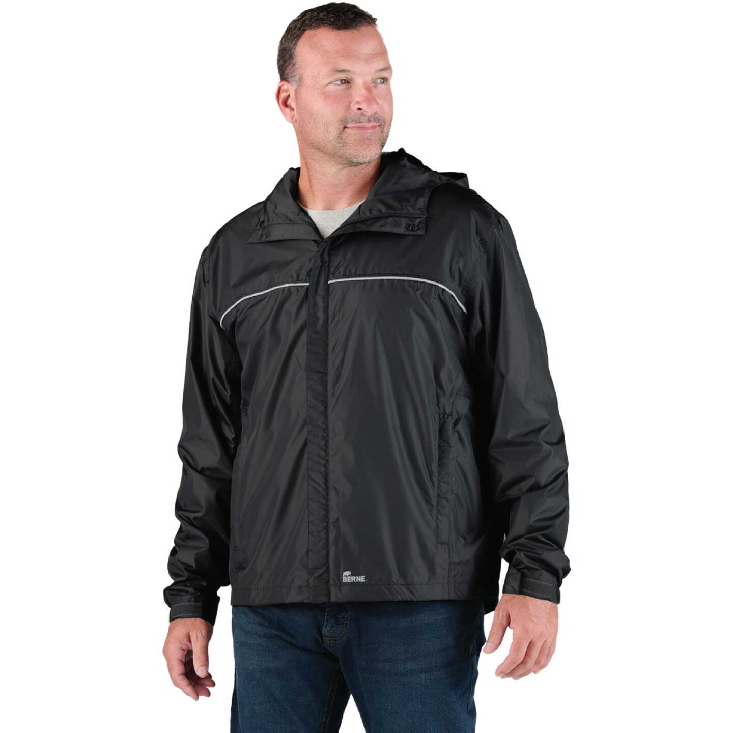 Berne Coastline Men's Large Black Lightweight Hooded Rain Jacket Image 1