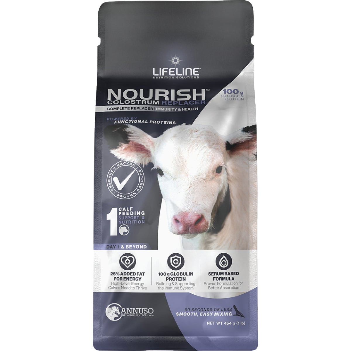 LifeLine Nourish 1 Lb. 100G Globulin Protein Complete Colostrum Replacer for Calves